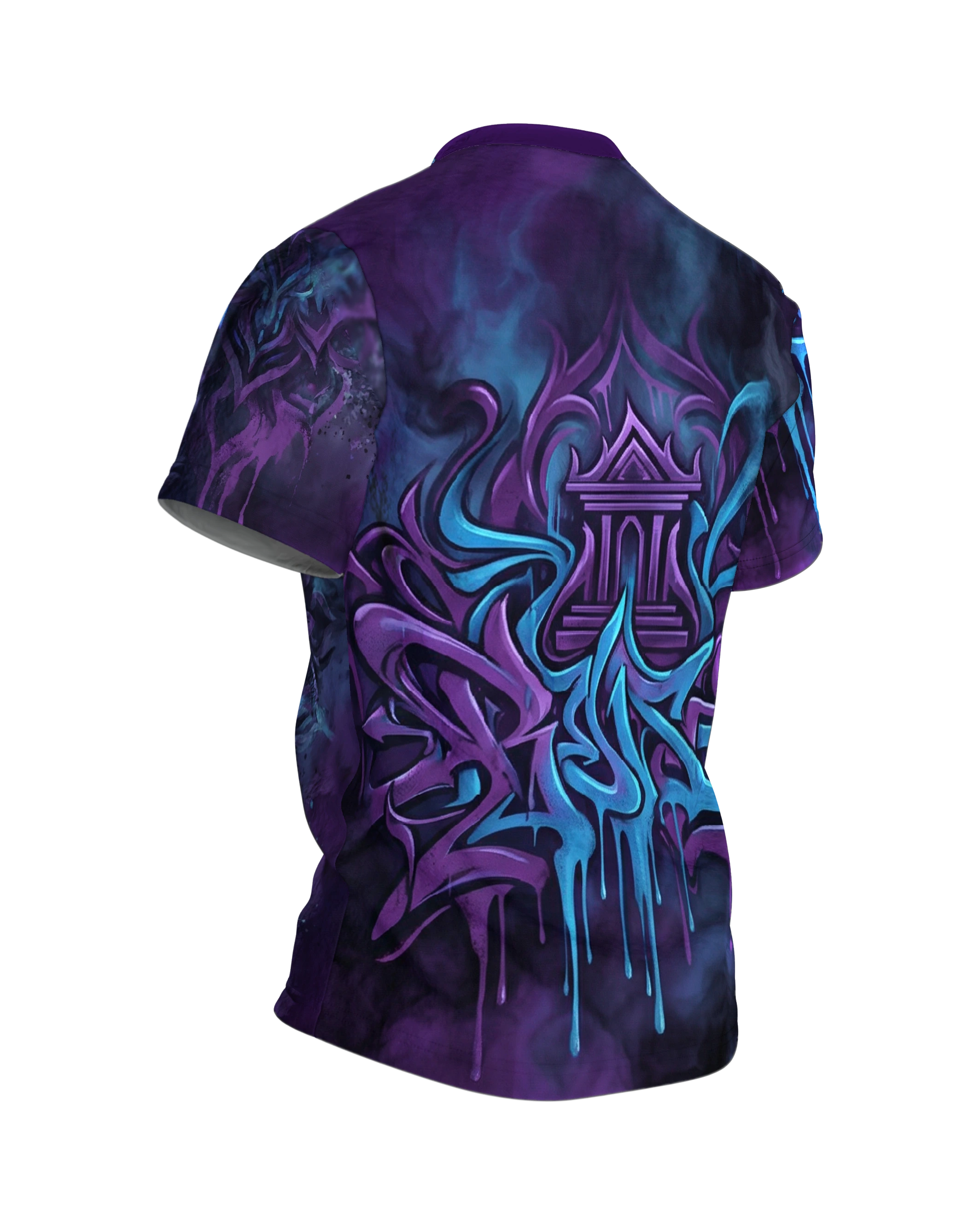Mystisches Graffiti Tempel T-Shirt: Neon Drips, Rückseite schräg rechts