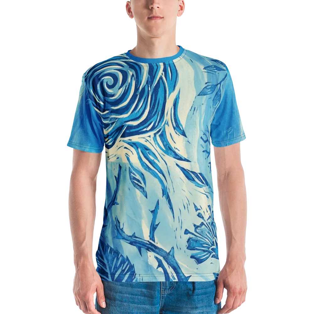 Linolschnitt Rose T-Shirt — Blaue Botanik