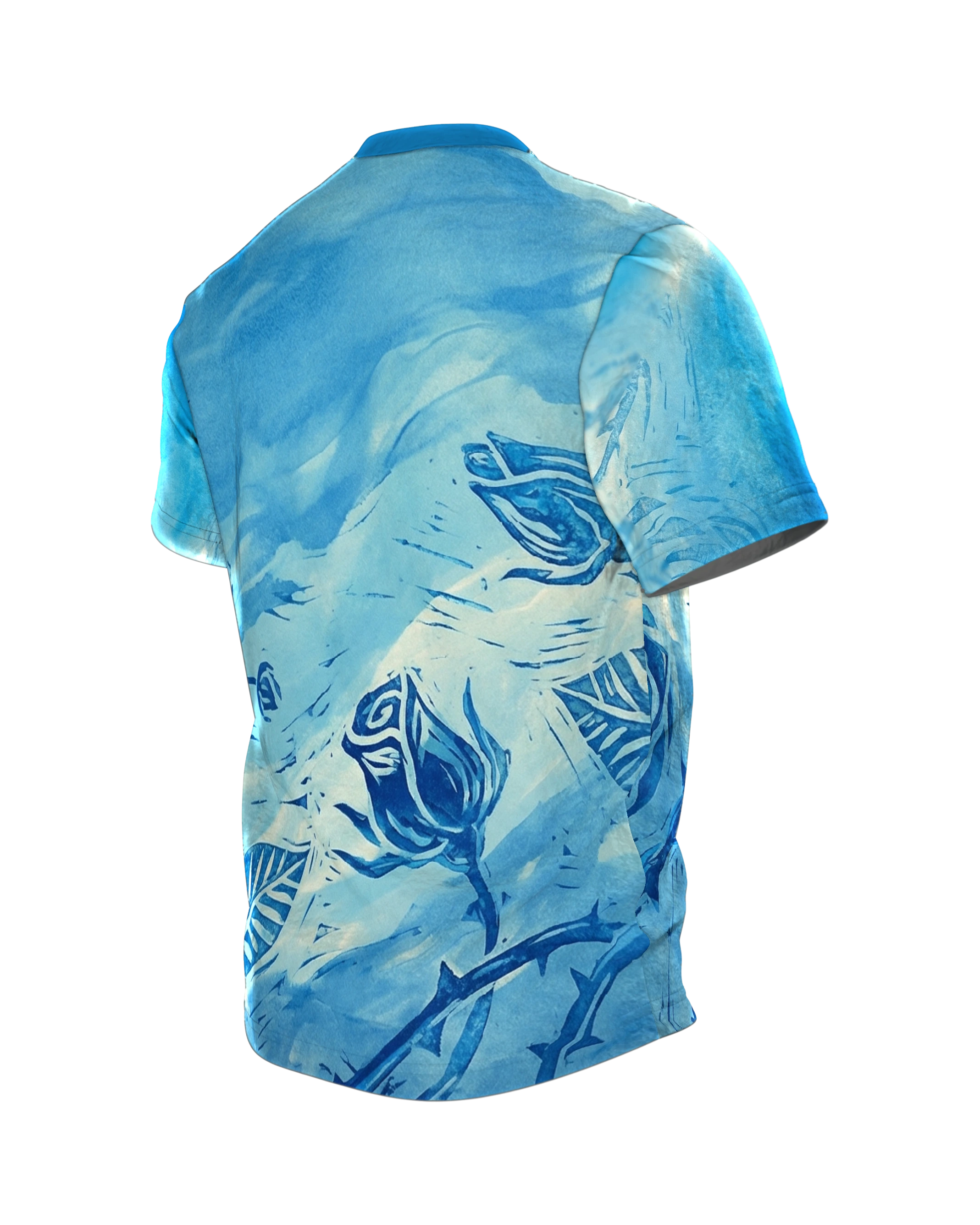 Linolschnitt Rose T-Shirt, blühende Druck-Rosen vorn und Knospen am Rücken in Blau, Rückseite schräg links