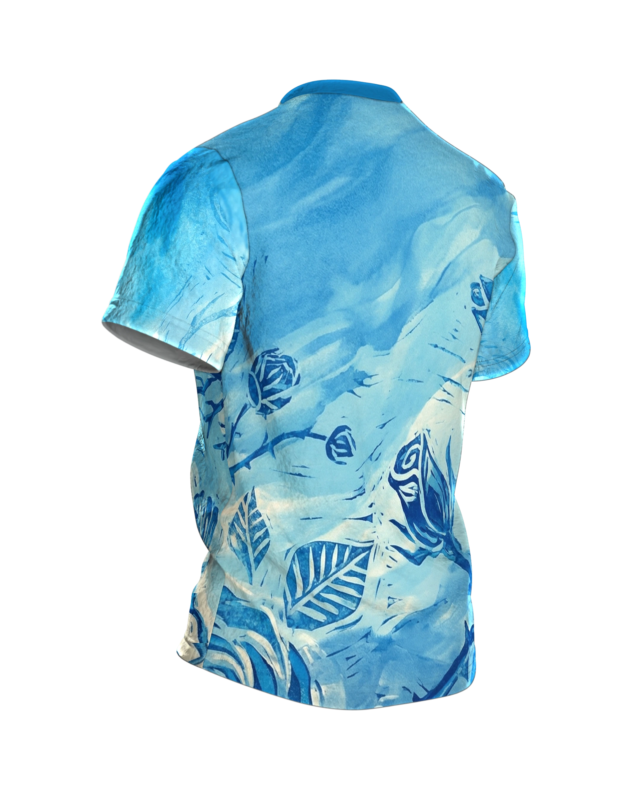 Linolschnitt Rose T-Shirt, blühende Druck-Rosen vorn und Knospen am Rücken in Blau, Rückseite schräg rechts