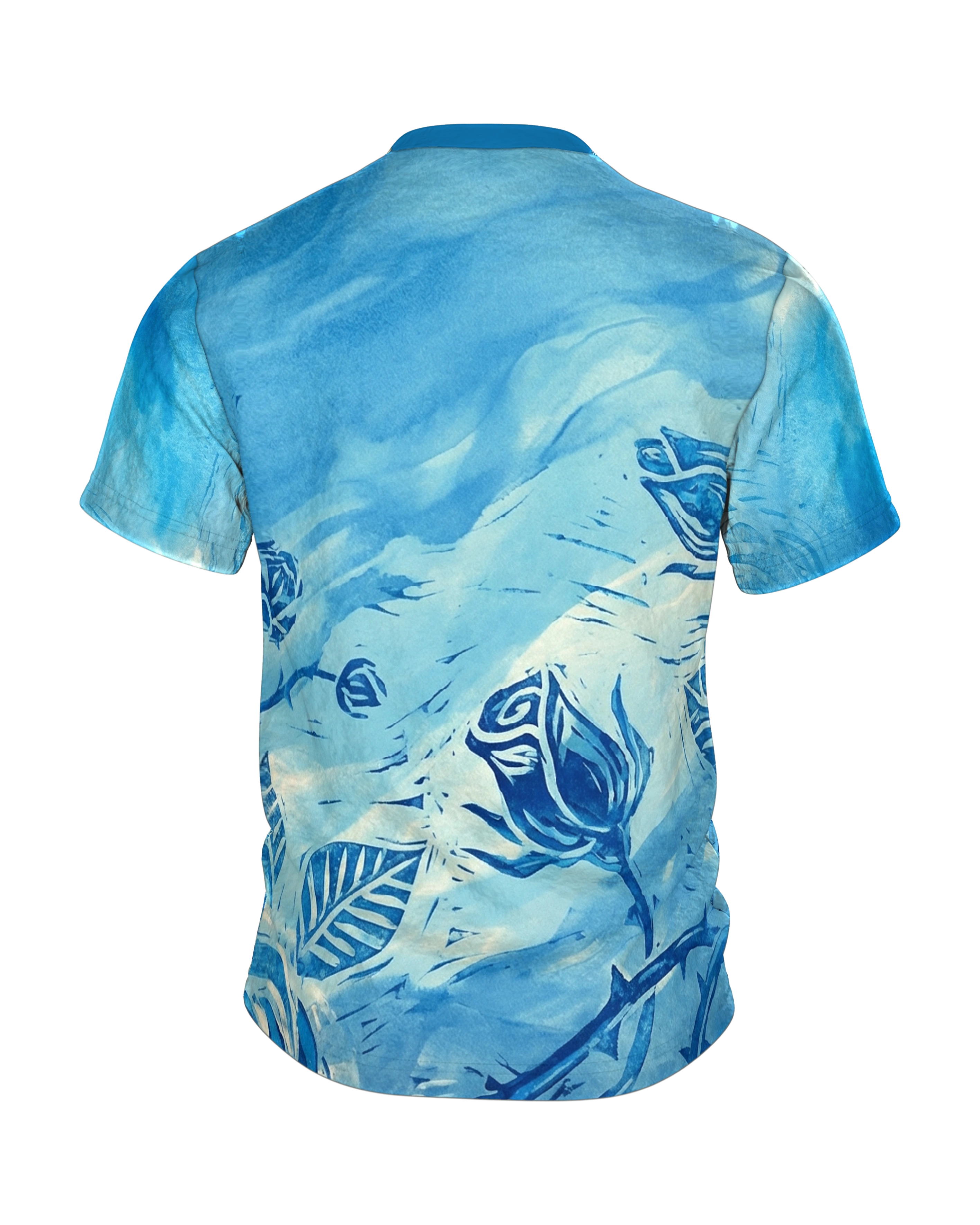 Linolschnitt Rose T-Shirt, blühende Druck-Rosen vorn und Knospen am Rücken in Blau, Rückseite