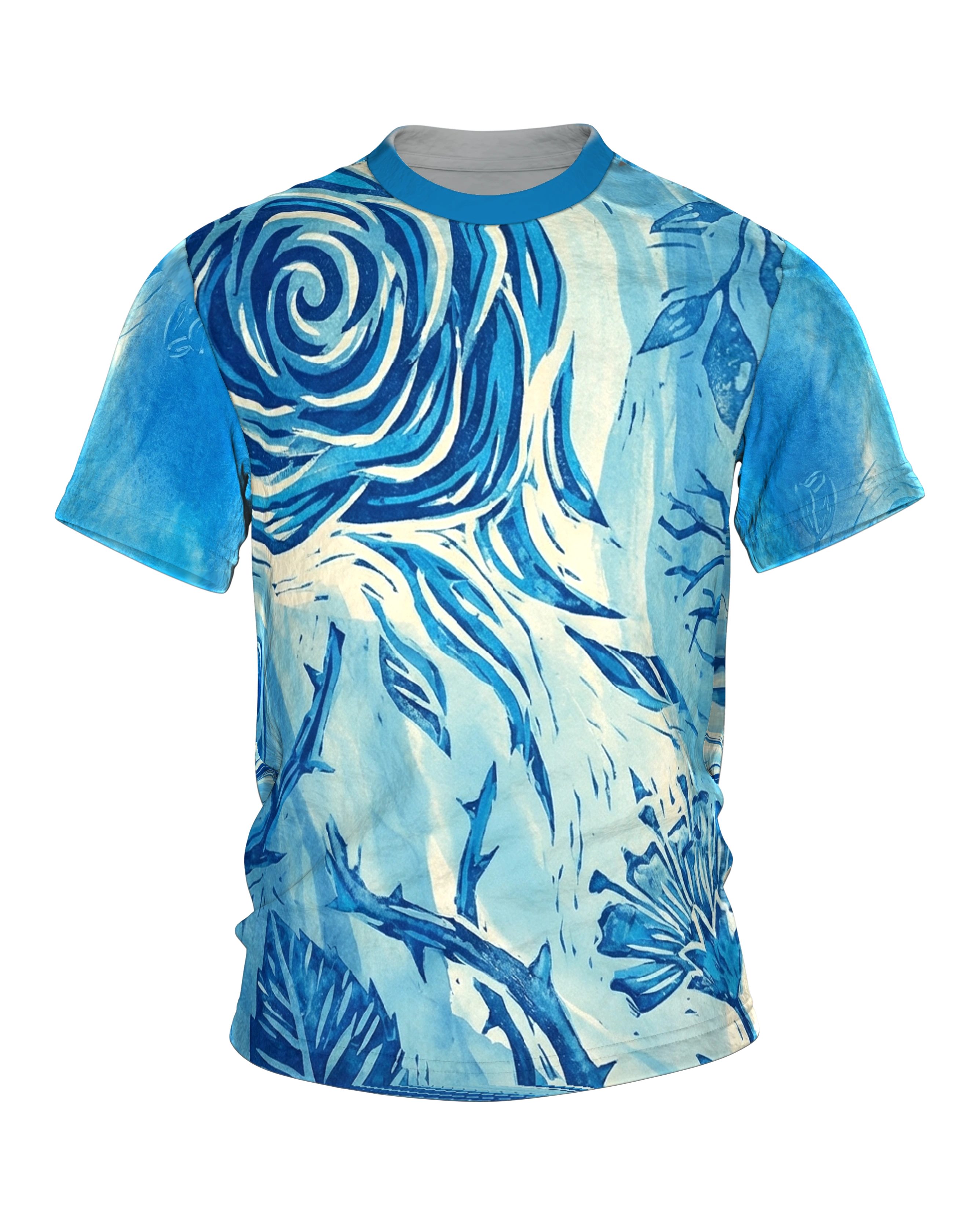 Linolschnitt Rose T-Shirt, blühende Druck-Rosen vorn und Knospen am Rücken in Blau