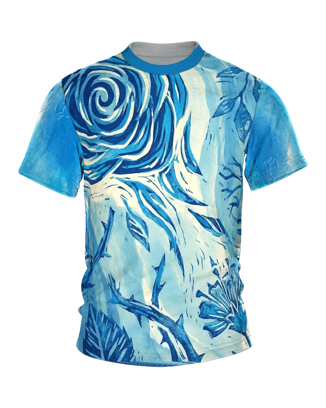 Linolschnitt Rose T-Shirt, blühende Druck-Rosen vorn und Knospen am Rücken in Blau