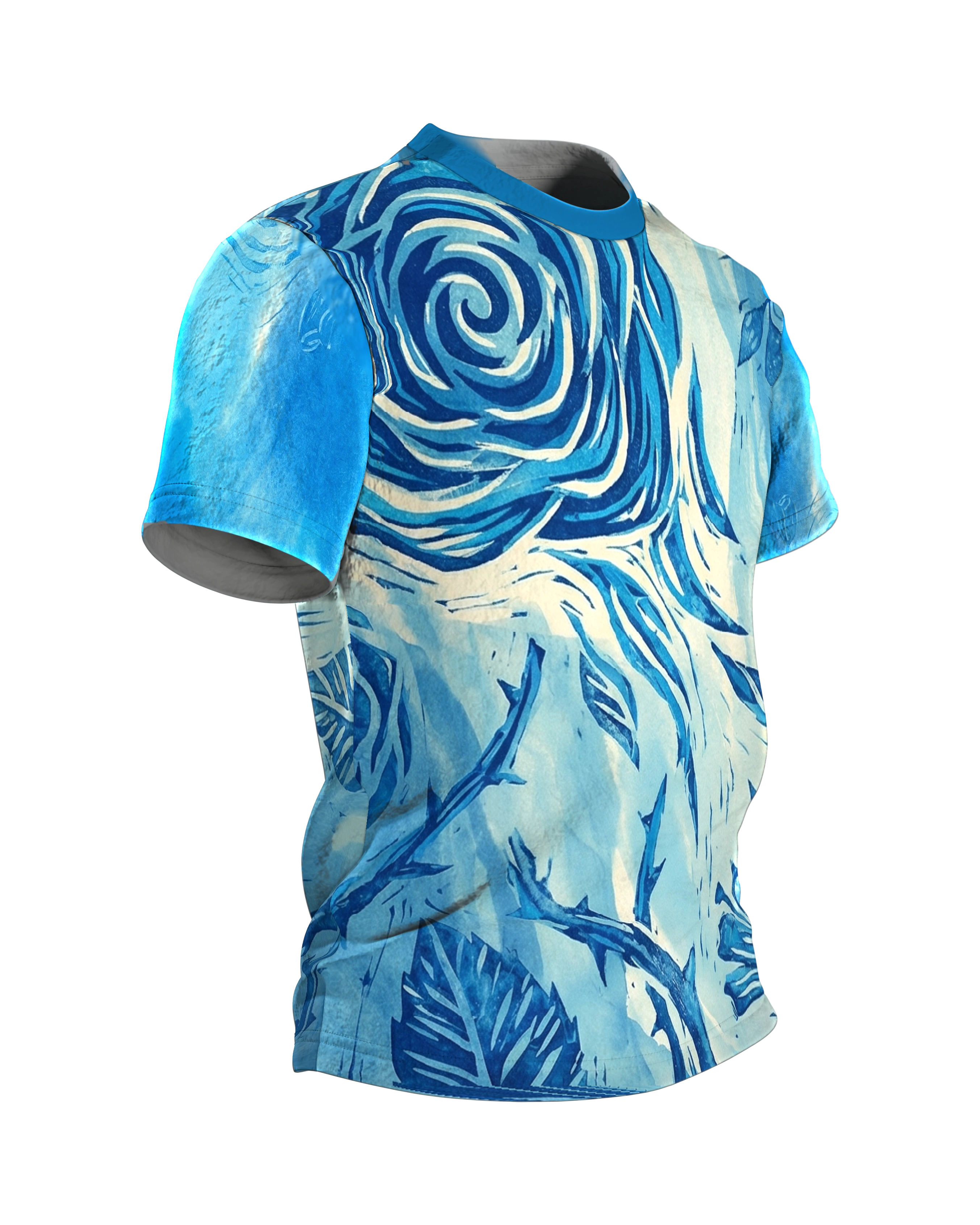 Linolschnitt Rose T-Shirt, blühende Druck-Rosen vorn und Knospen am Rücken in Blau, Seitenansicht links