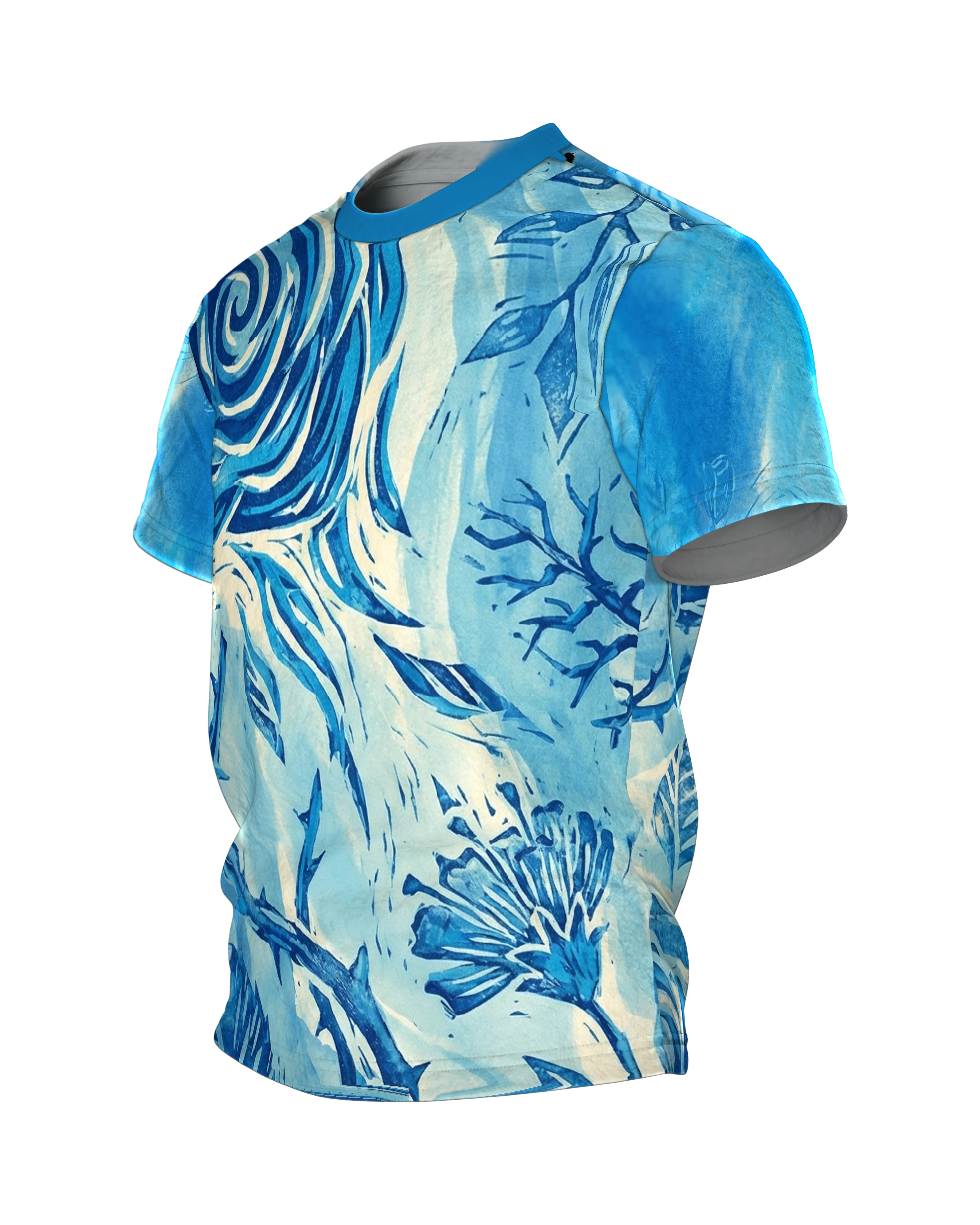 Linolschnitt Rose T-Shirt, blühende Druck-Rosen vorn und Knospen am Rücken in Blau, Seitenansicht rechts