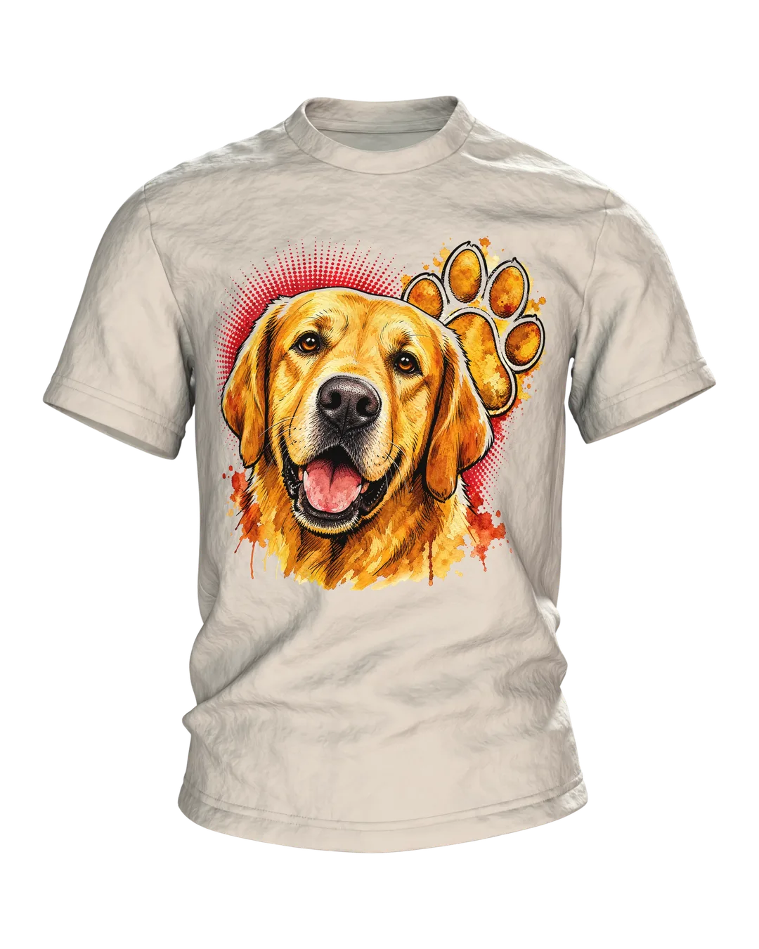Labrador T-shirt, Golden Watercolor Portrait with Paw Print on the Back