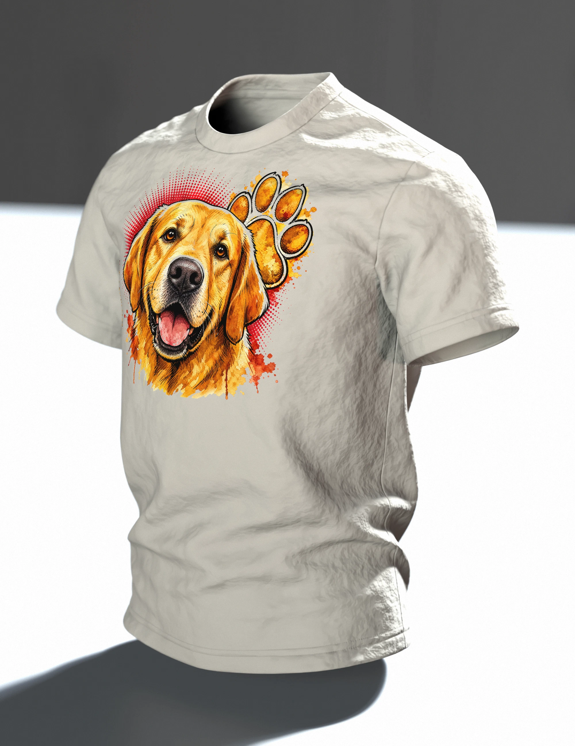 Labrador T-Shirt, goldenes Aquarell-Porträt mit Pfoten-Rücken, Im Raum, schräg