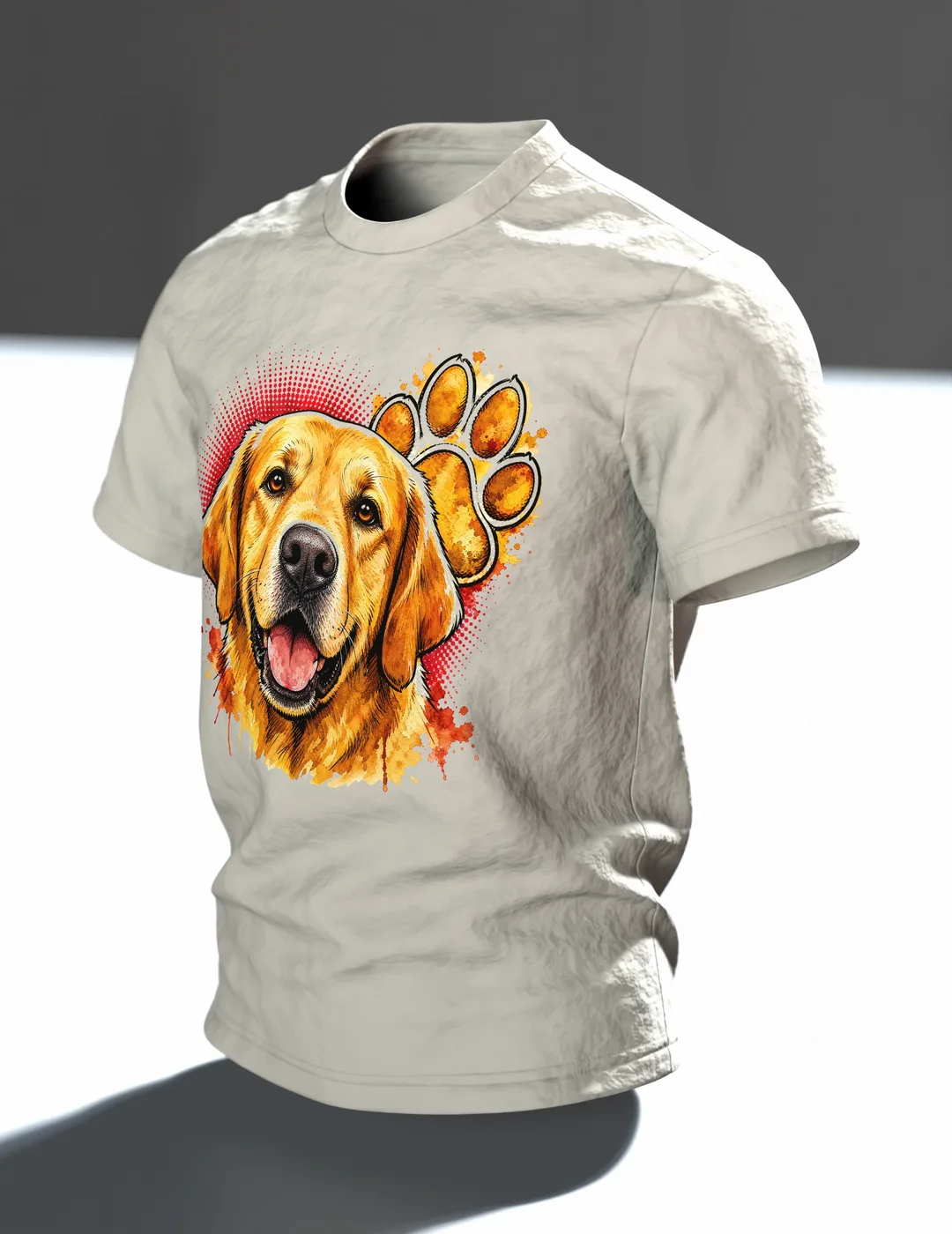 Labrador T-Shirt, goldenes Aquarell-Porträt mit Pfoten-Rücken, Im Raum, schräg