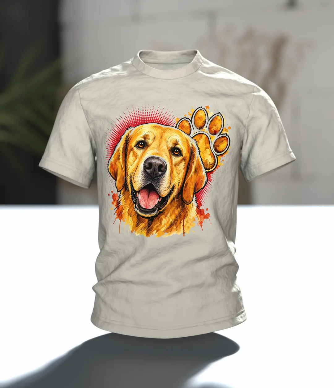 Labrador T-Shirt, goldenes Aquarell-Porträt mit Pfoten-Rücken, Im Raum