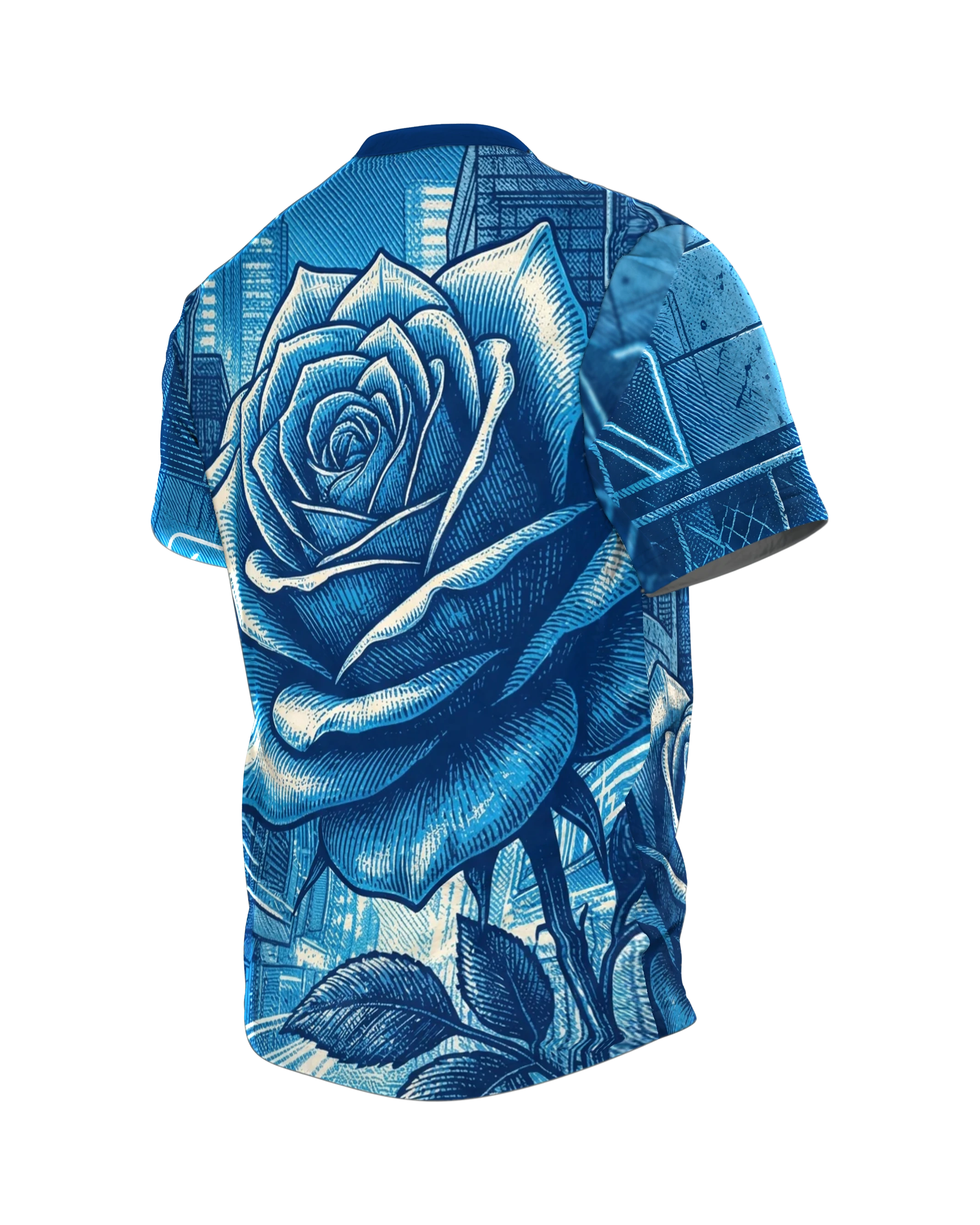 Cyberpunk Rose T-Shirt, gravierte Rose in der Neon-Stadt als Allover in Blau, Rückseite schräg links