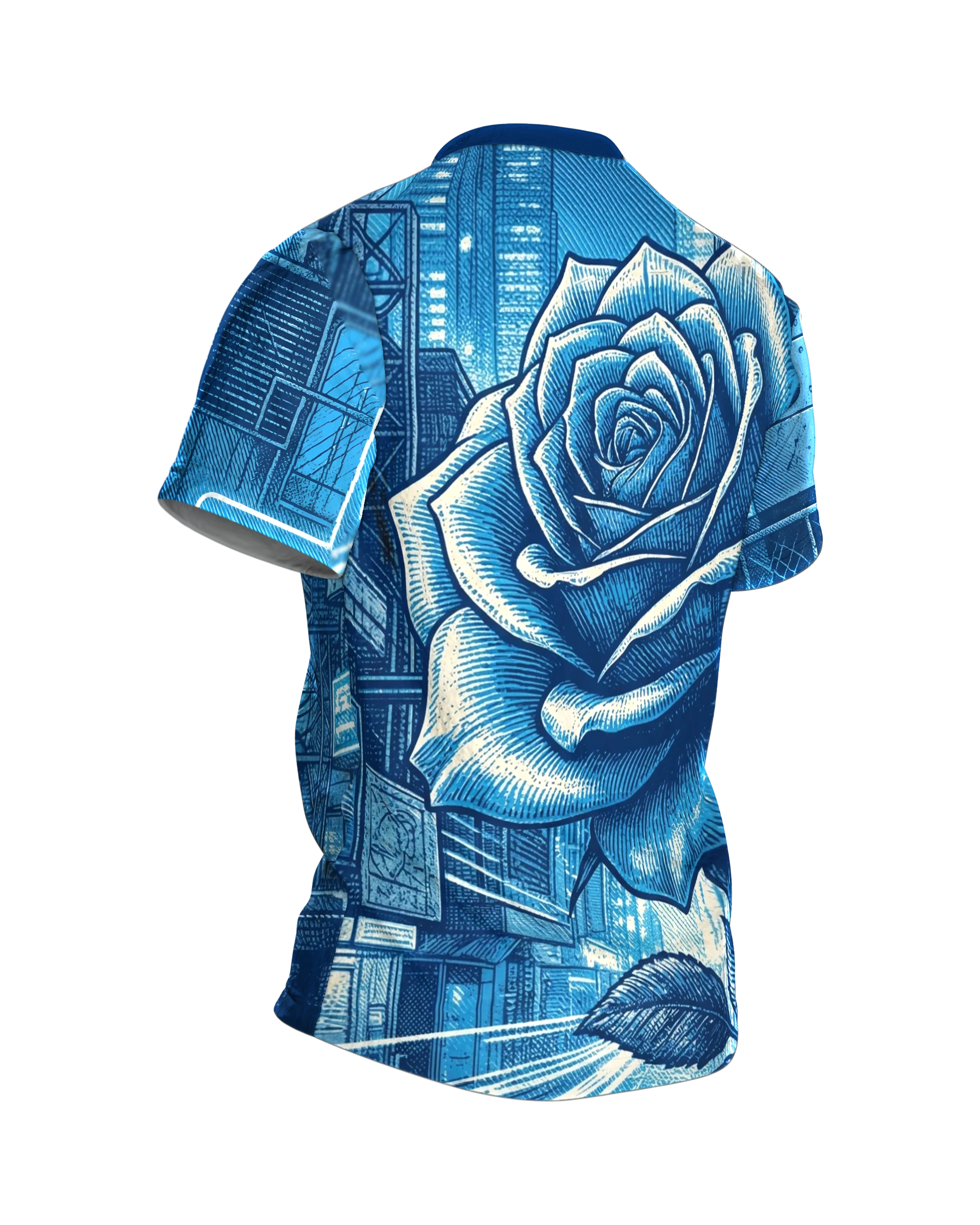 Cyberpunk Rose T-Shirt, gravierte Rose in der Neon-Stadt als Allover in Blau, Rückseite schräg rechts