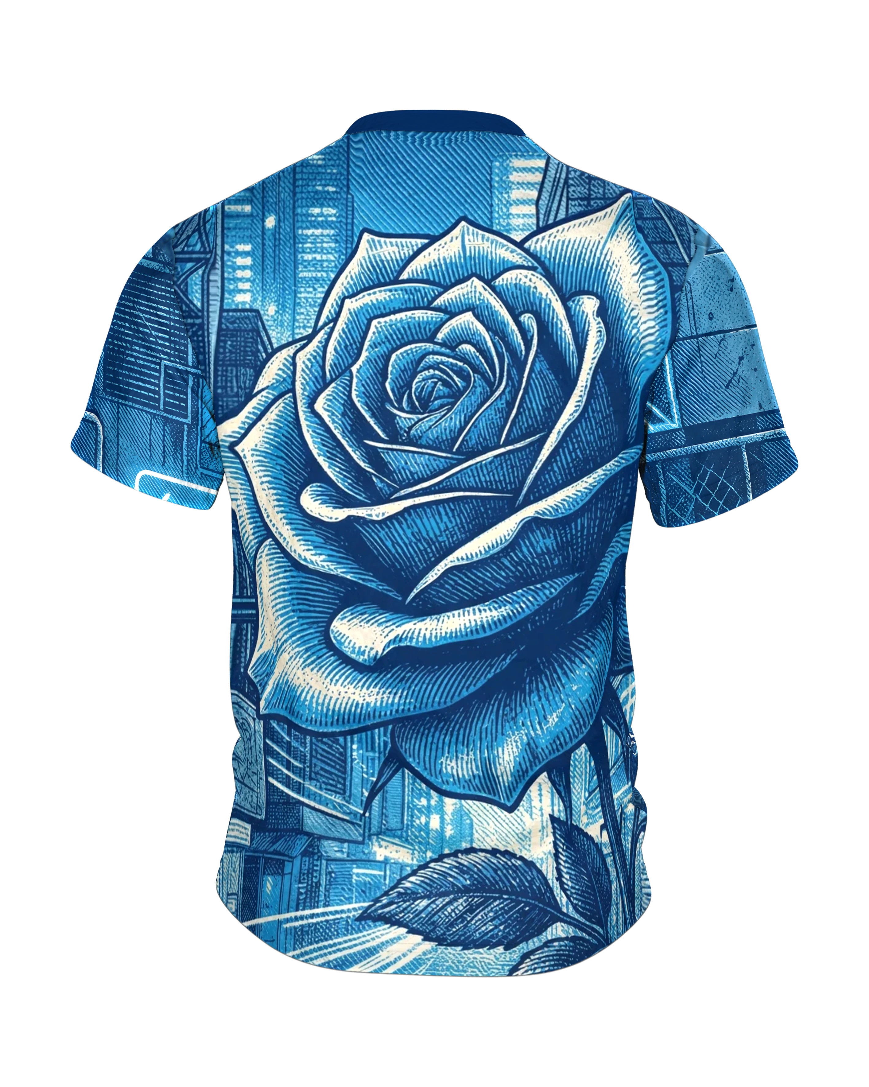 Cyberpunk Rose T-Shirt, gravierte Rose in der Neon-Stadt als Allover in Blau, Rückseite