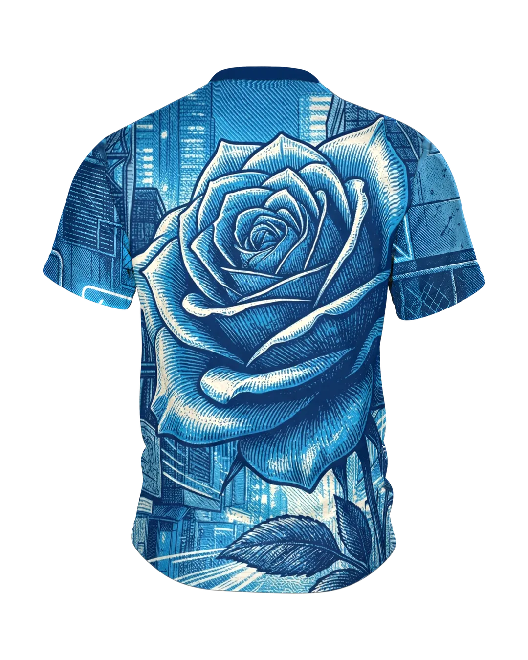Cyberpunk Rose T-Shirt, gravierte Rose in der Neon-Stadt als Allover in Blau, Rückseite