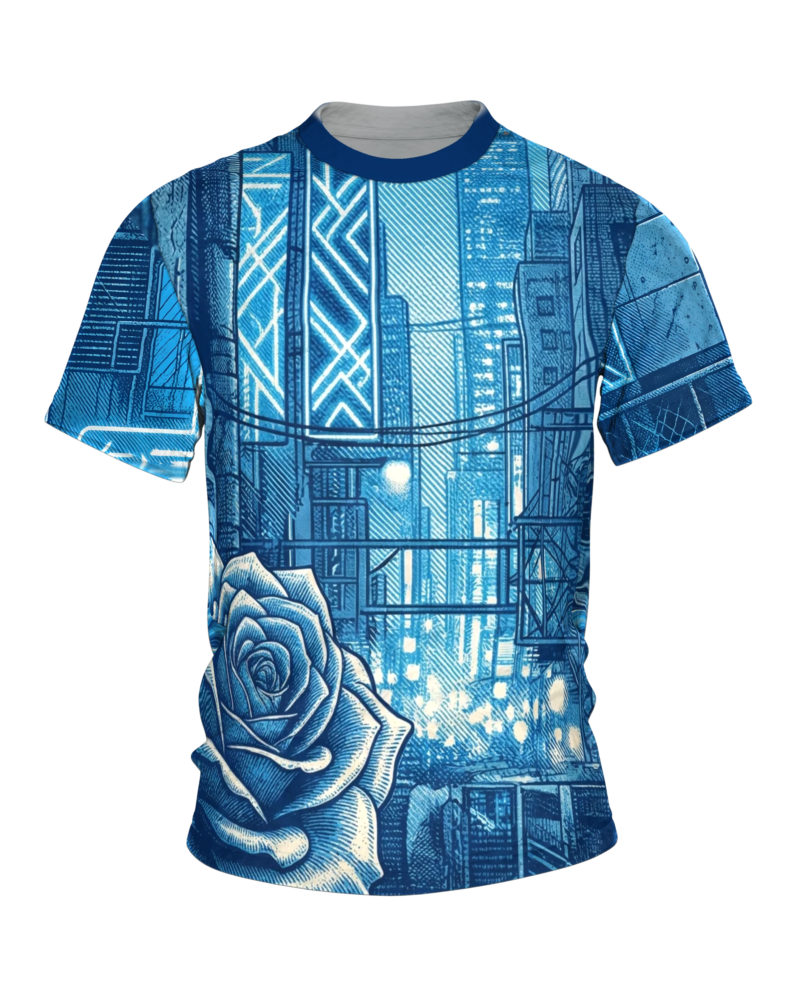 Cyberpunk Rose T-Shirt, gravierte Rose in der Neon-Stadt als Allover in Blau