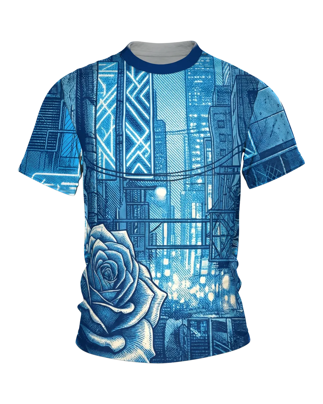 Cyberpunk Rose T-Shirt, gravierte Rose in der Neon-Stadt als Allover in Blau