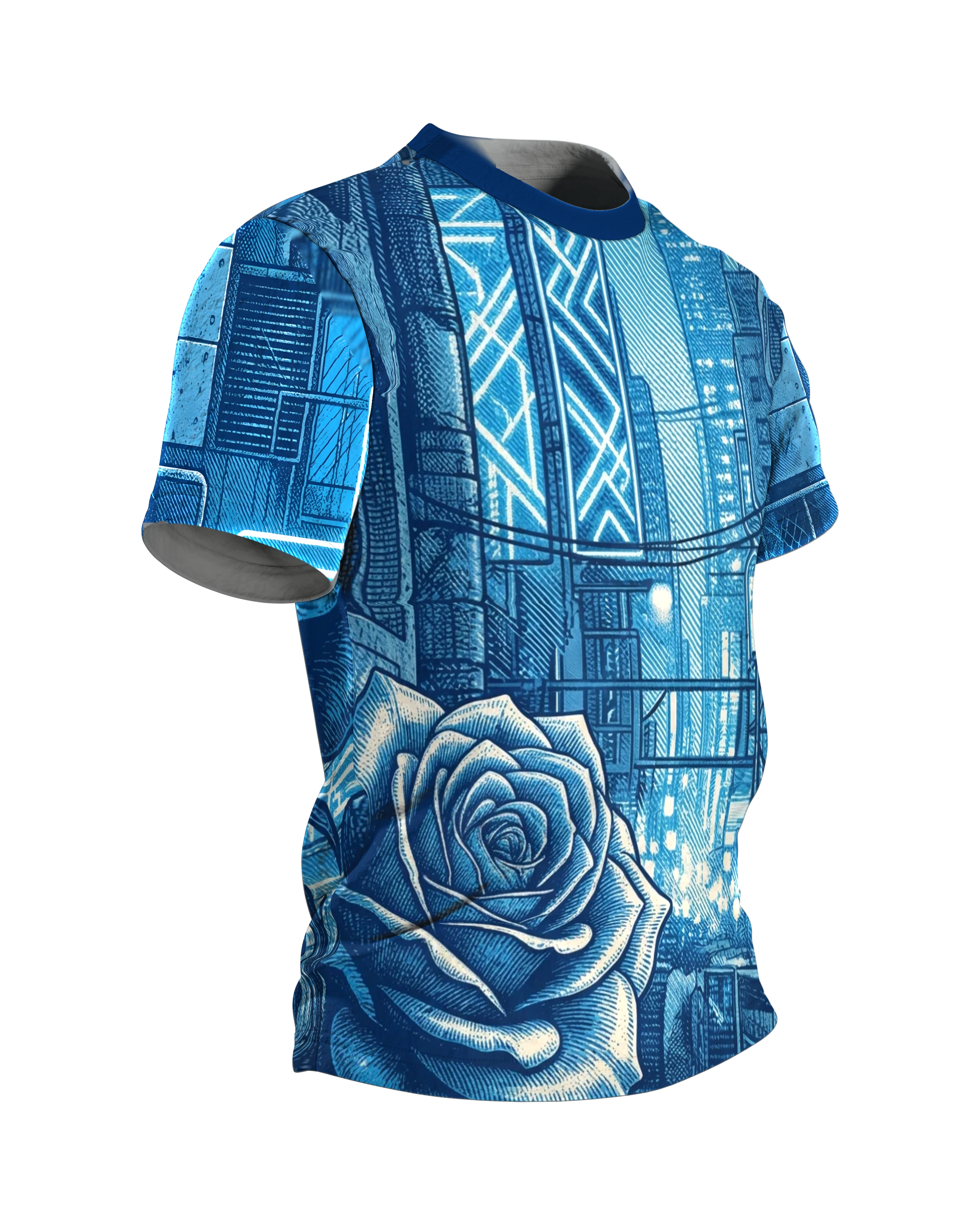Cyberpunk Rose T-Shirt, gravierte Rose in der Neon-Stadt als Allover in Blau, Seitenansicht links