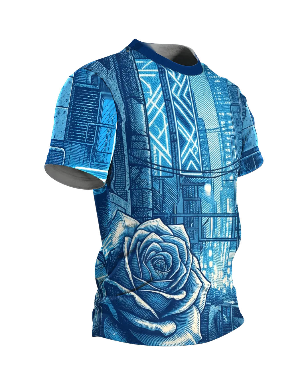 Cyberpunk Rose T-Shirt, gravierte Rose in der Neon-Stadt als Allover in Blau, Seitenansicht links