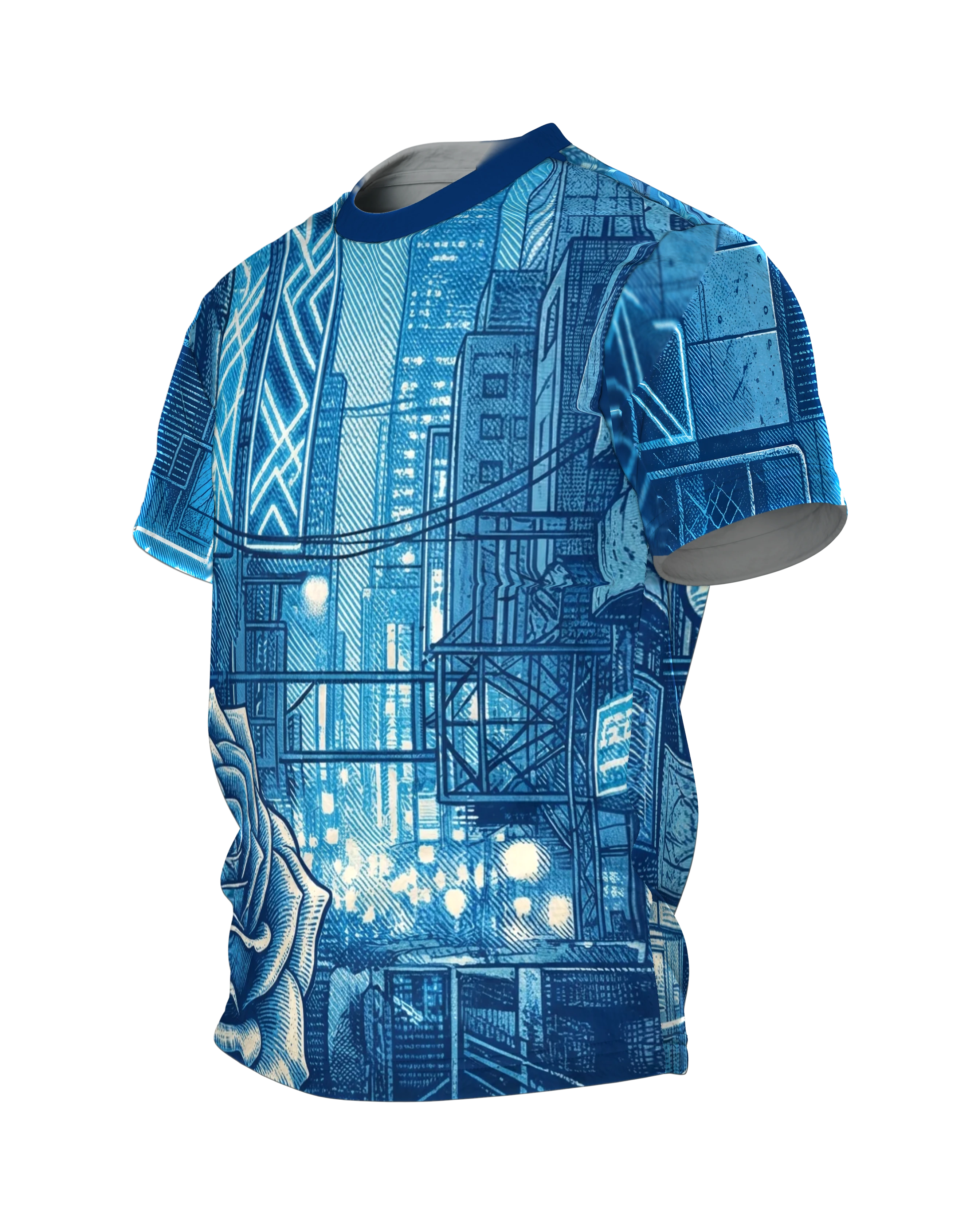 Cyberpunk Rose T-Shirt, gravierte Rose in der Neon-Stadt als Allover in Blau, Seitenansicht rechts