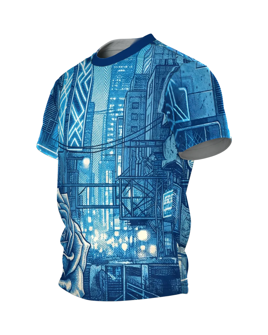 Cyberpunk Rose T-Shirt, gravierte Rose in der Neon-Stadt als Allover in Blau, Seitenansicht rechts