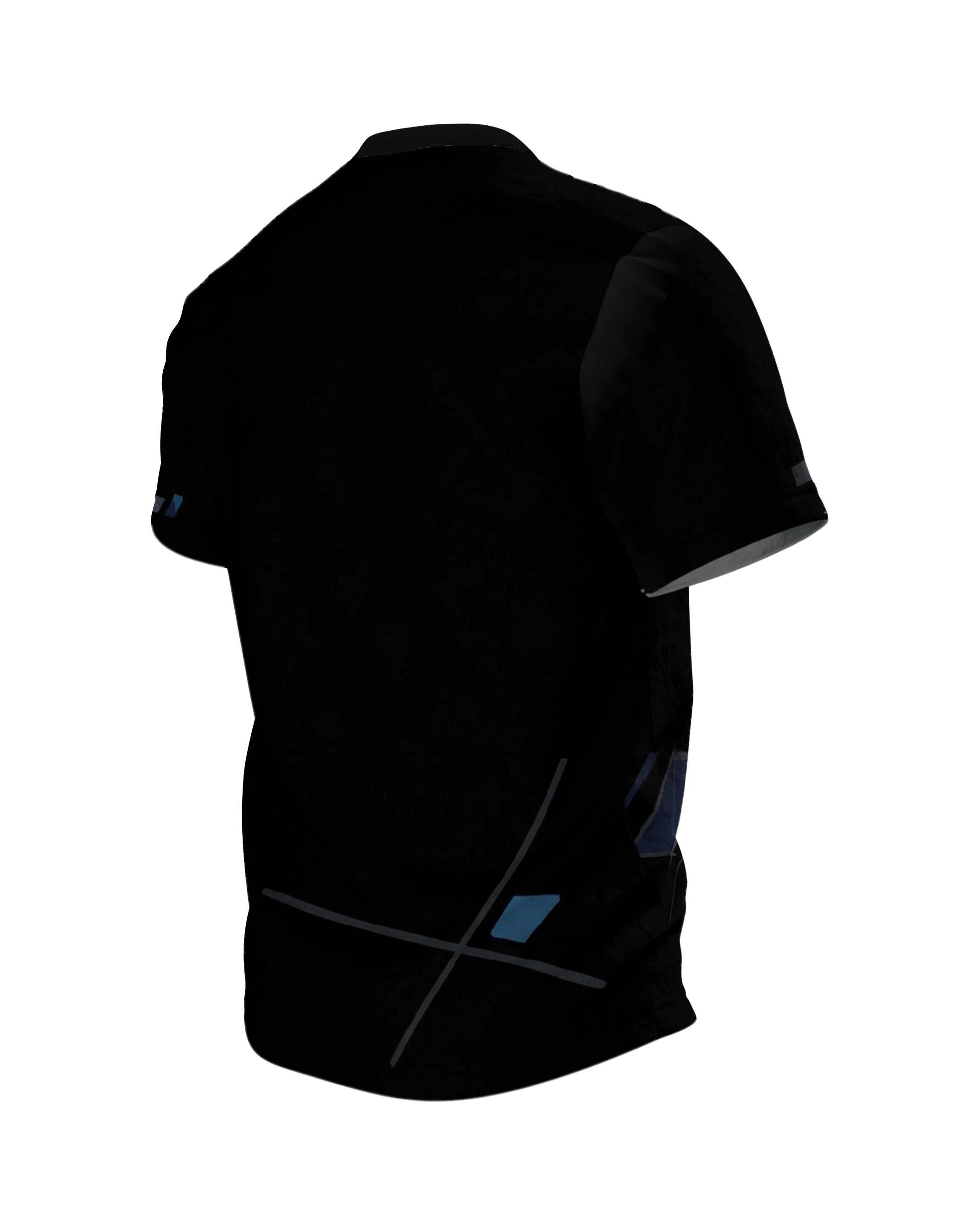 Abstract Speed T-Shirt, cyanblaue Diagonale auf Schwarz, Rückseite schräg links