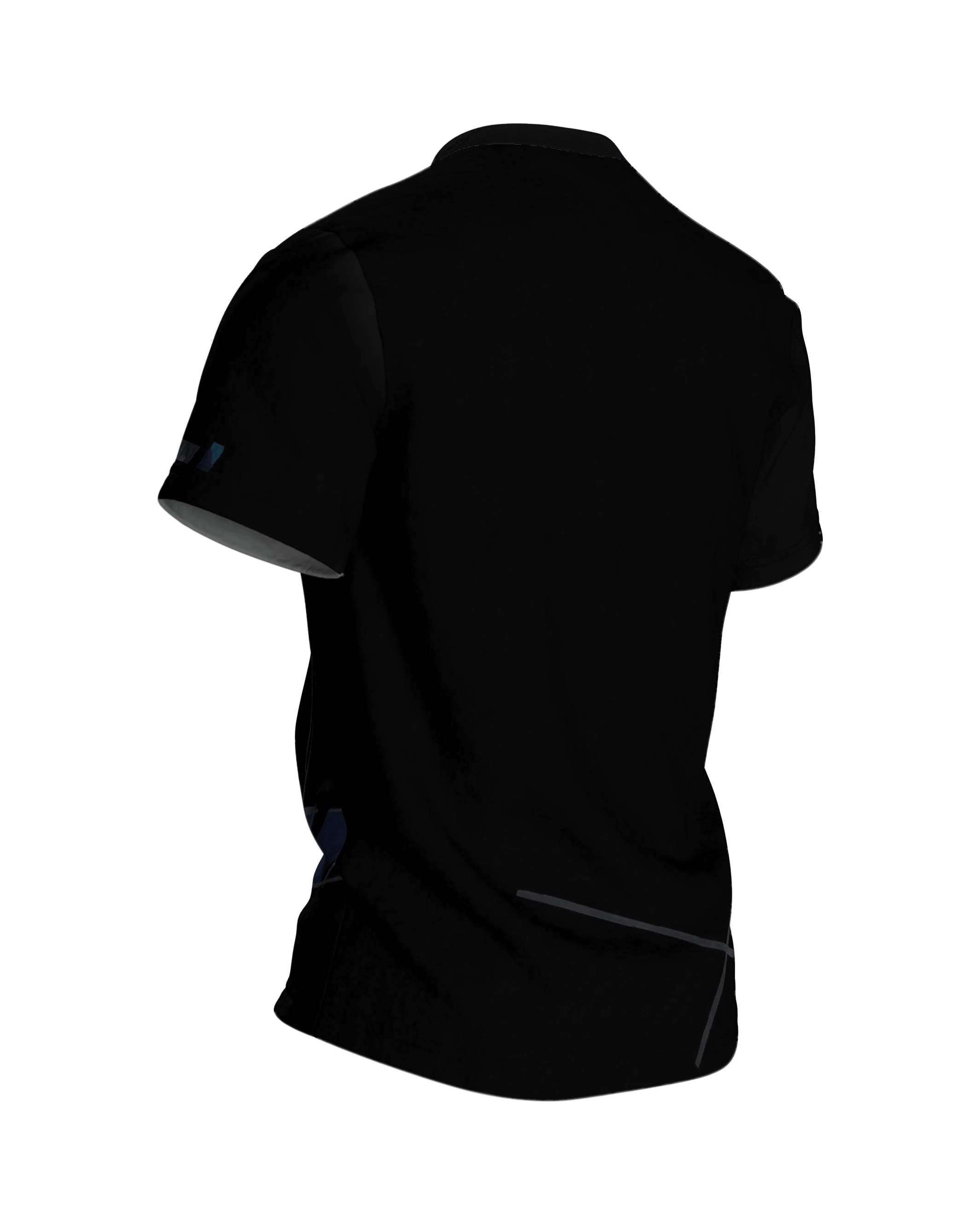 Abstract Speed T-Shirt, cyanblaue Diagonale auf Schwarz, Rückseite schräg rechts