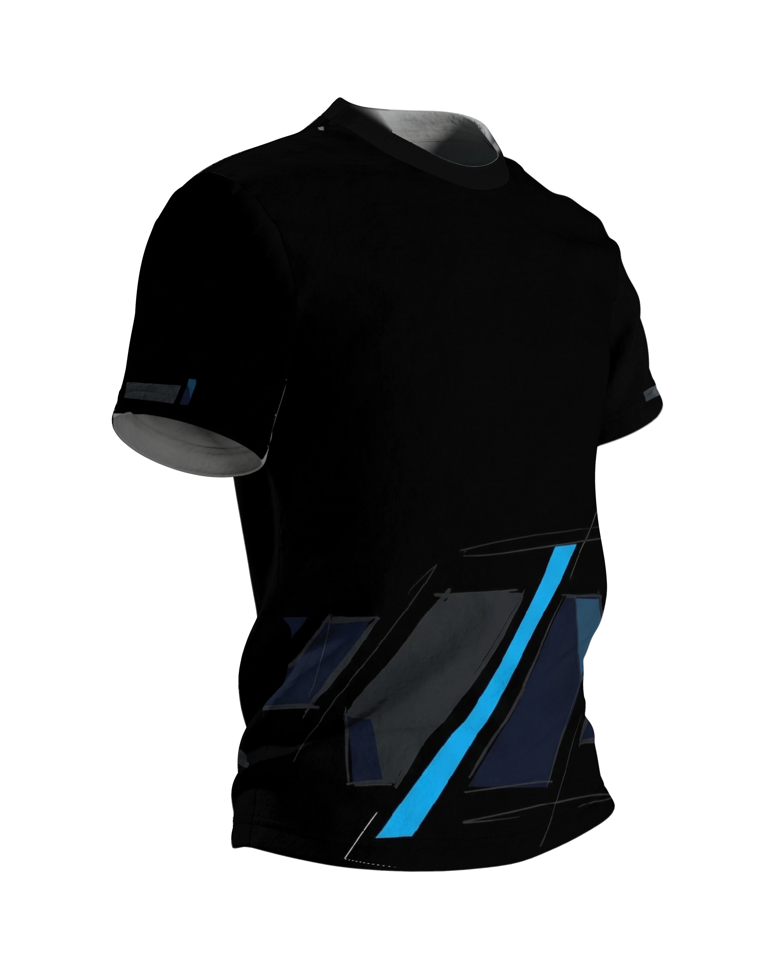 Abstract Speed T-Shirt, cyanblaue Diagonale auf Schwarz, Seitenansicht links