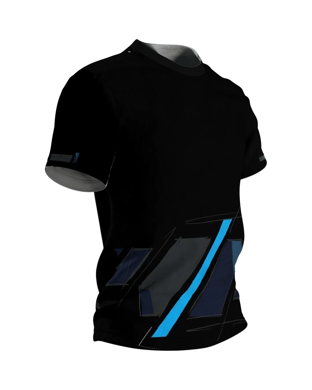 Abstract Speed T-Shirt, cyanblaue Diagonale auf Schwarz, Seitenansicht links