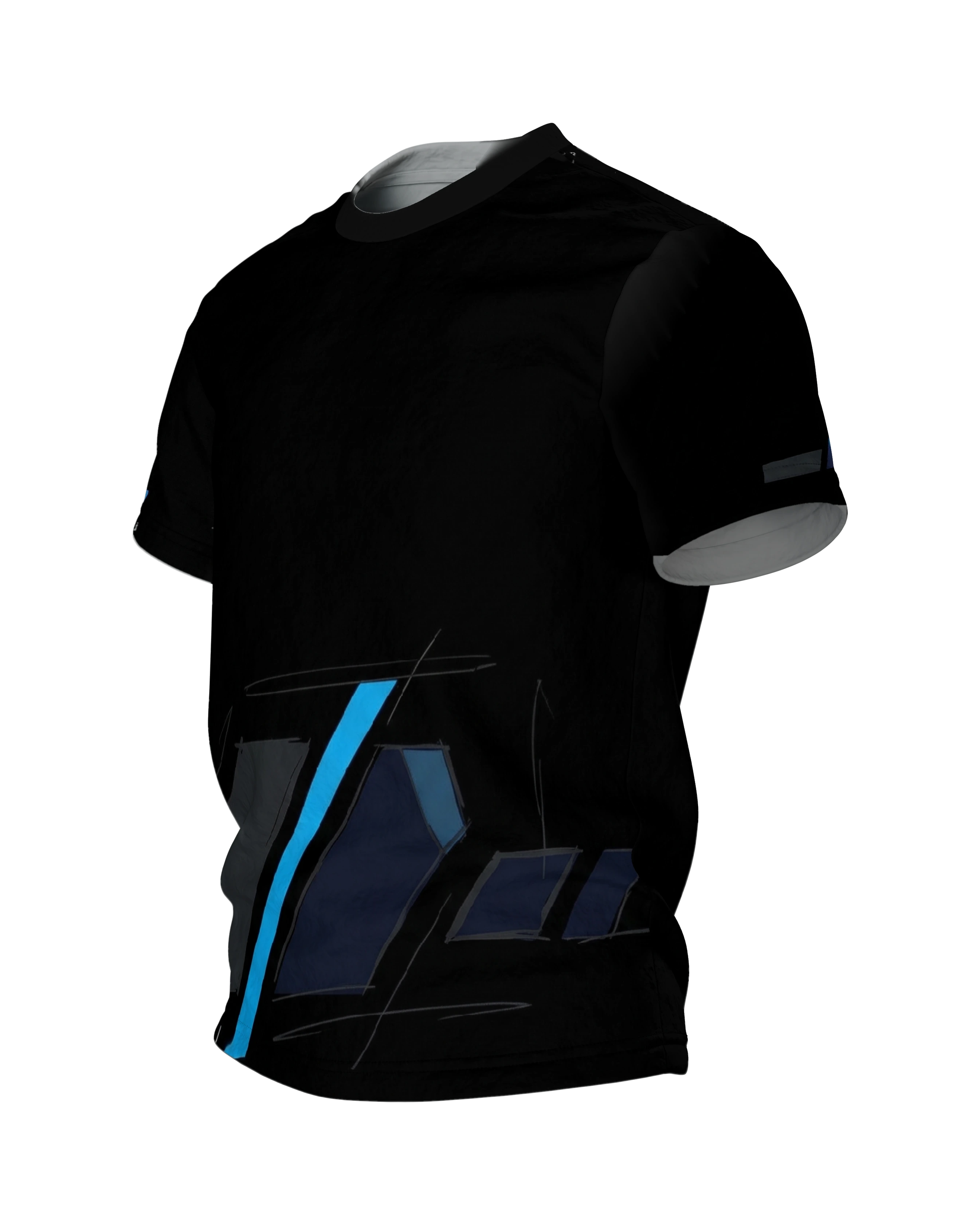 Abstract Speed T-Shirt, cyanblaue Diagonale auf Schwarz, Seitenansicht rechts
