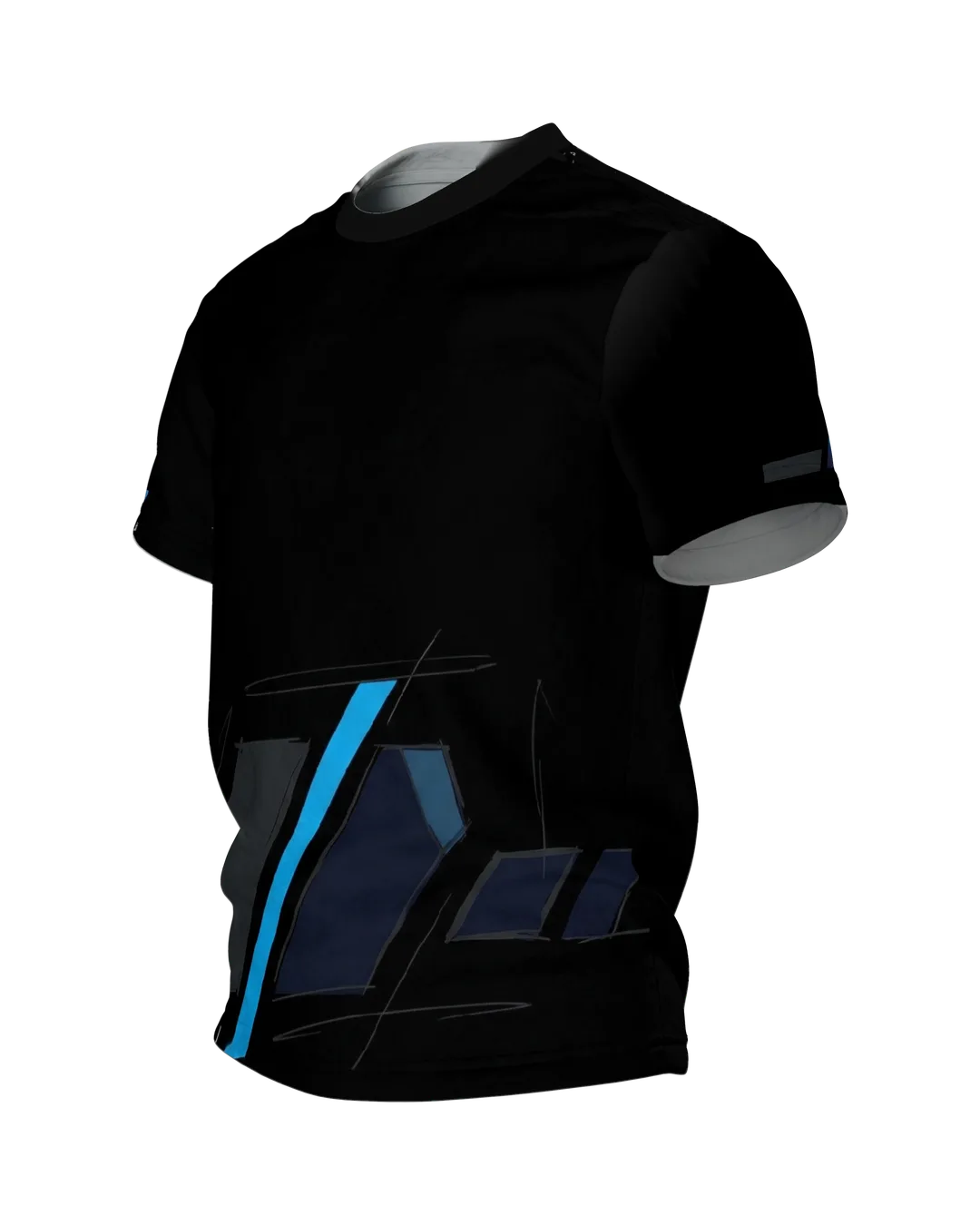 Abstract Speed T-Shirt, cyanblaue Diagonale auf Schwarz, Seitenansicht rechts