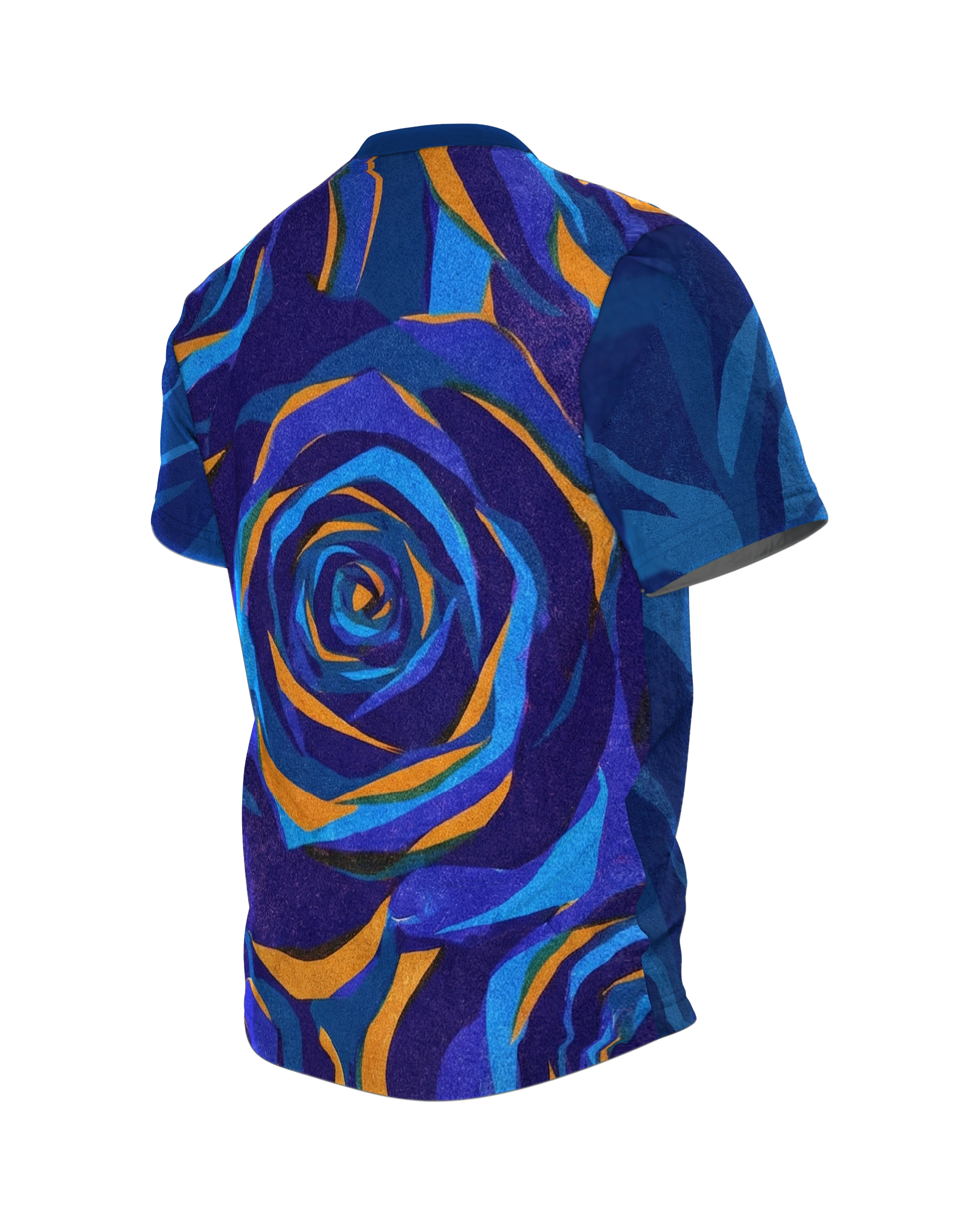 Blaue Facetten-Rose T-Shirt: Geometrisches Design, Rückseite schräg links