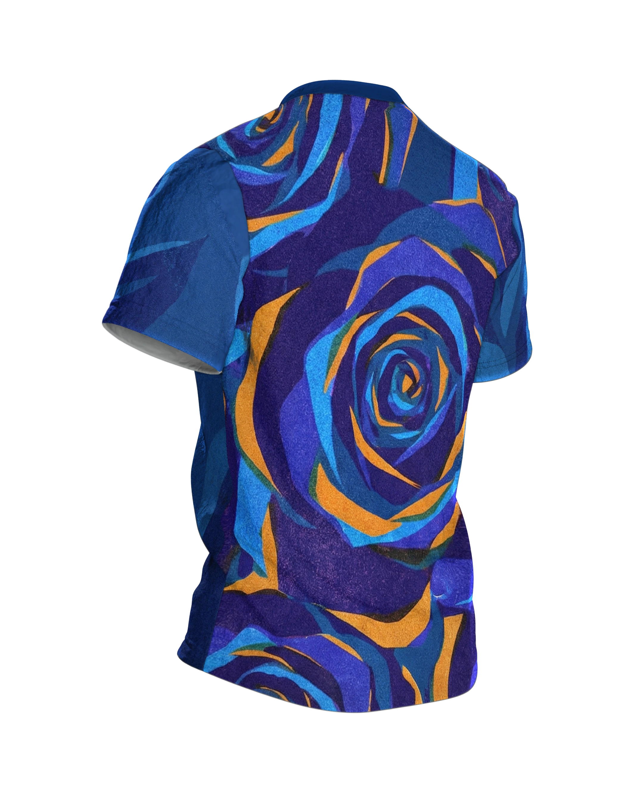 Blaue Facetten-Rose T-Shirt: Geometrisches Design, Rückseite schräg rechts