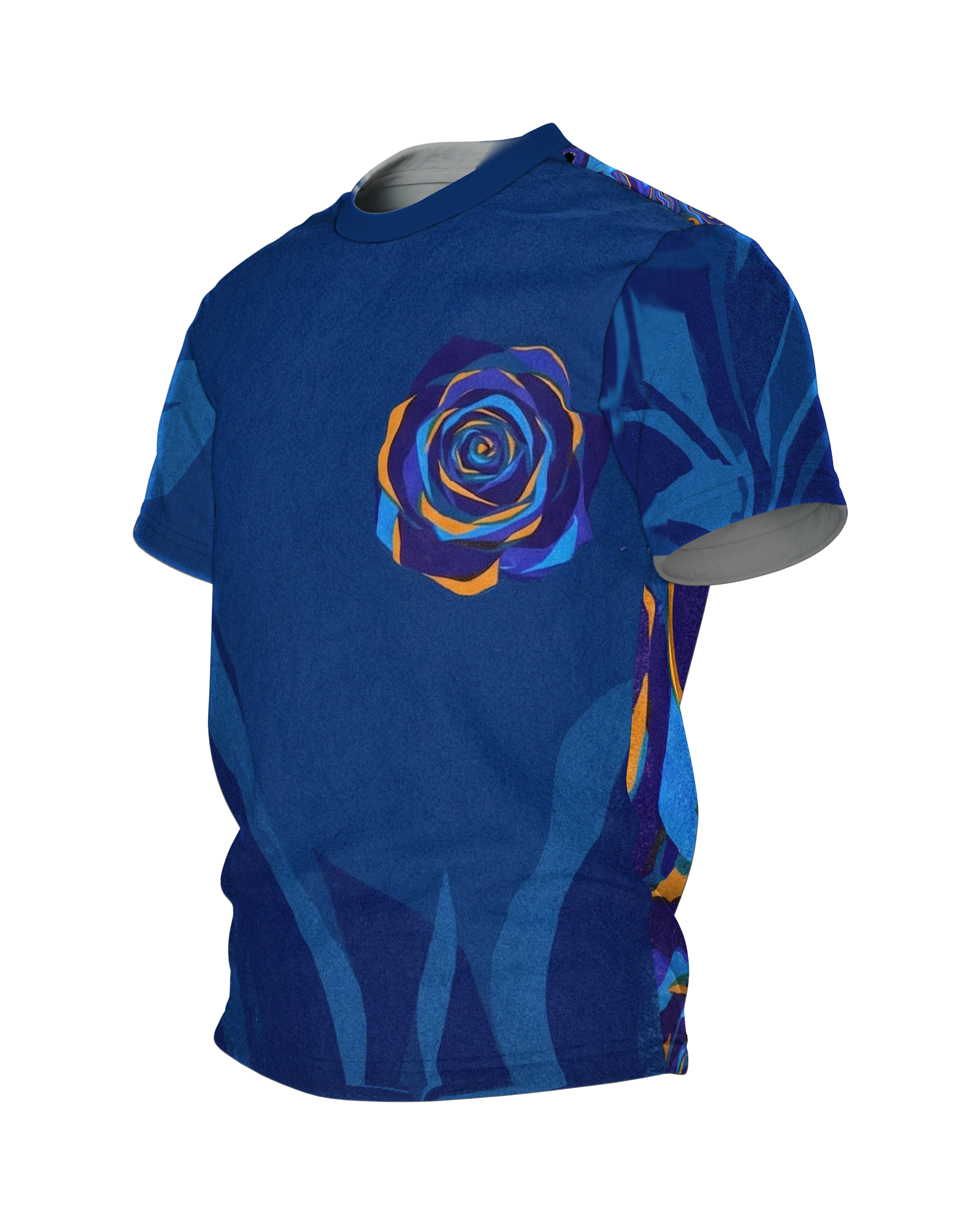 Blaue Facetten-Rose T-Shirt: Geometrisches Design, Seitenansicht rechts