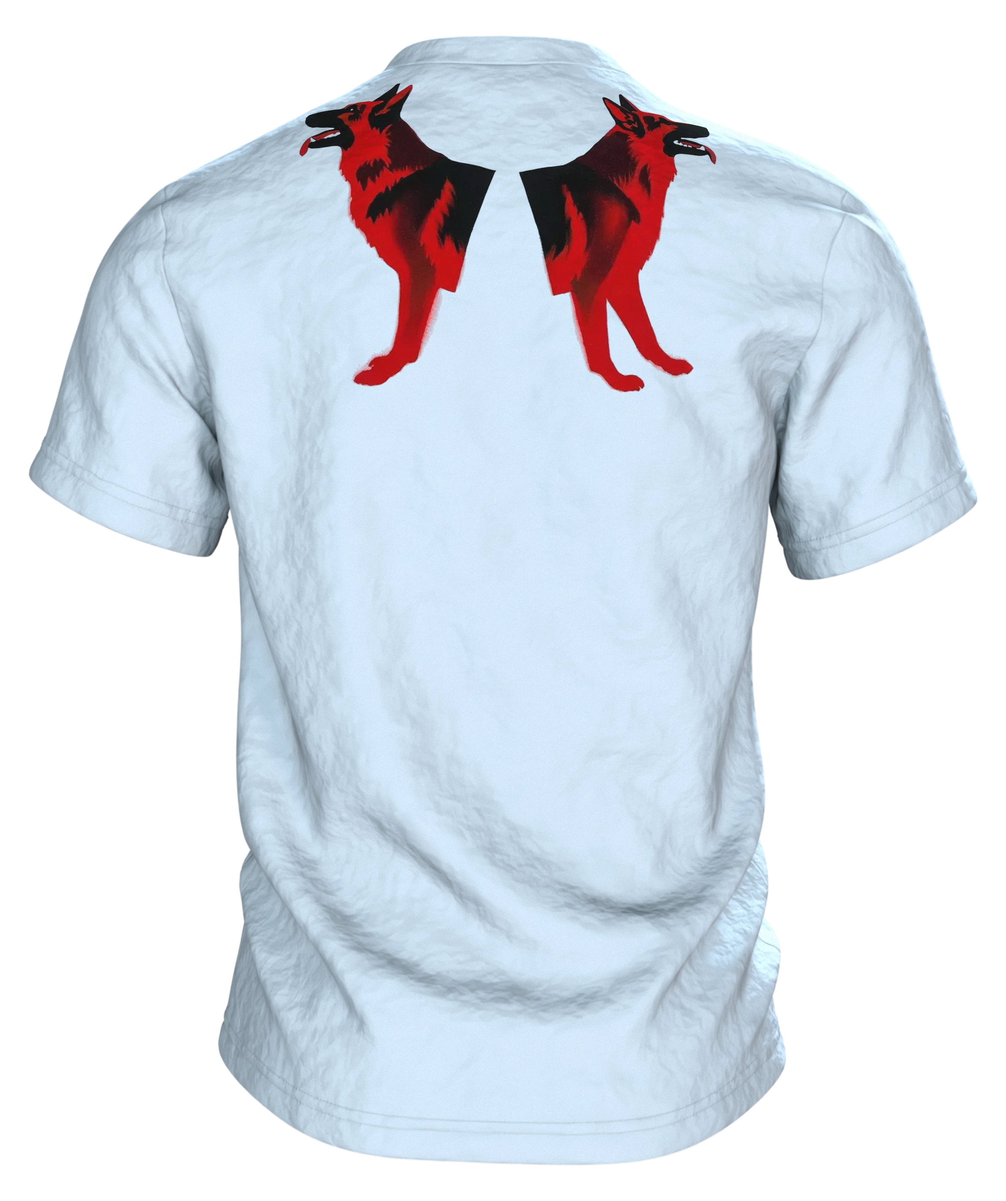 Schäferhund Stencil Art T-Shirt in Rot und Schwarz, sitzende Vollfigur vorn, Doppel-Profil am Rücken, Rückseite