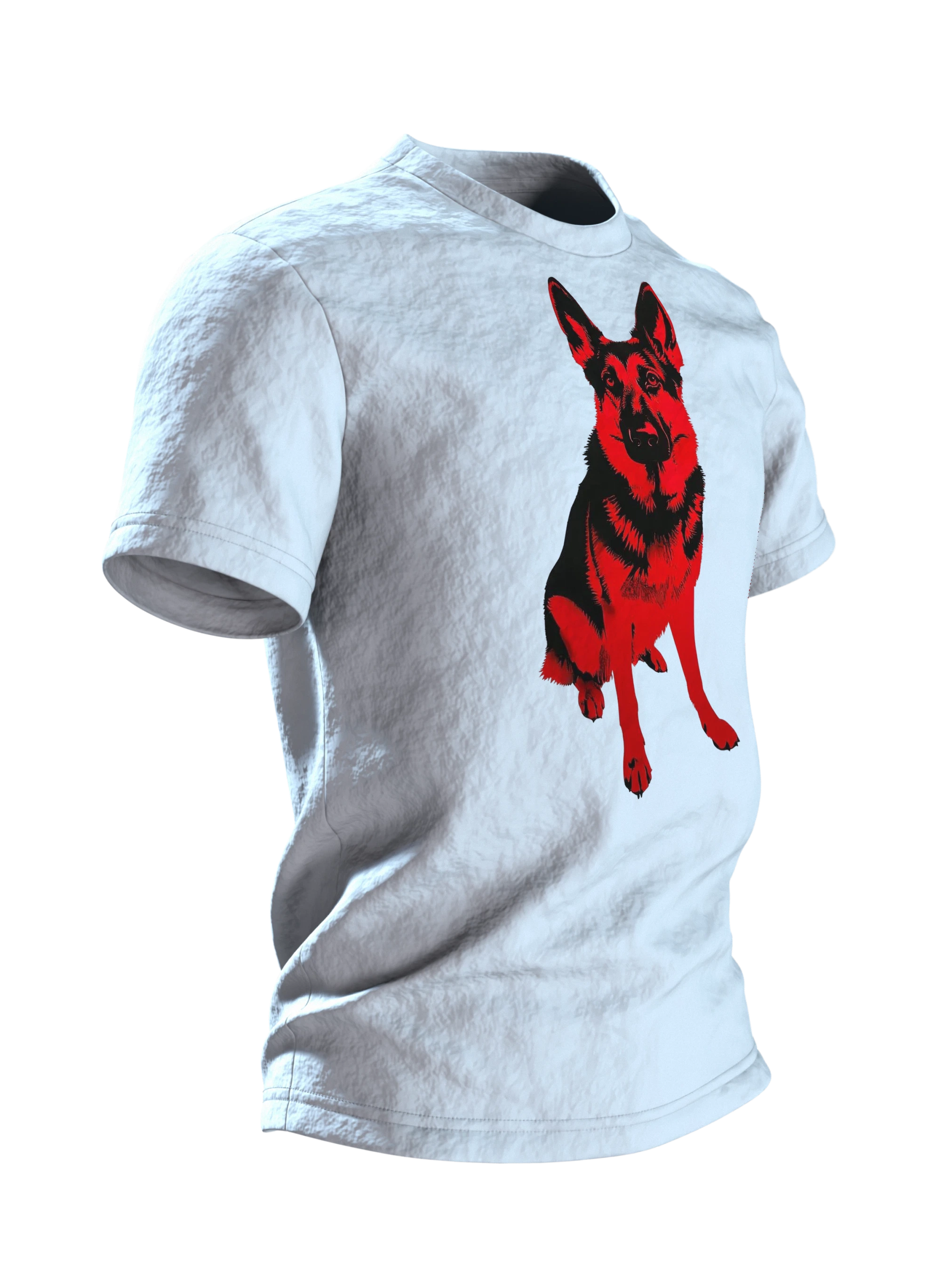 Schäferhund Stencil Art T-Shirt in Rot und Schwarz, sitzende Vollfigur vorn, Doppel-Profil am Rücken, Seitenansicht links