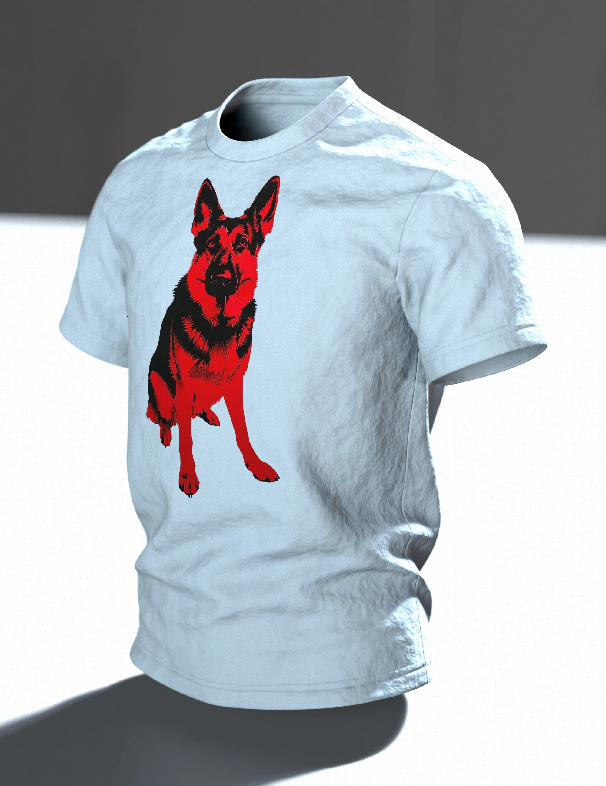 Schäferhund Stencil Art T-Shirt in Rot und Schwarz, sitzende Vollfigur vorn, Doppel-Profil am Rücken, Im Raum, schräg