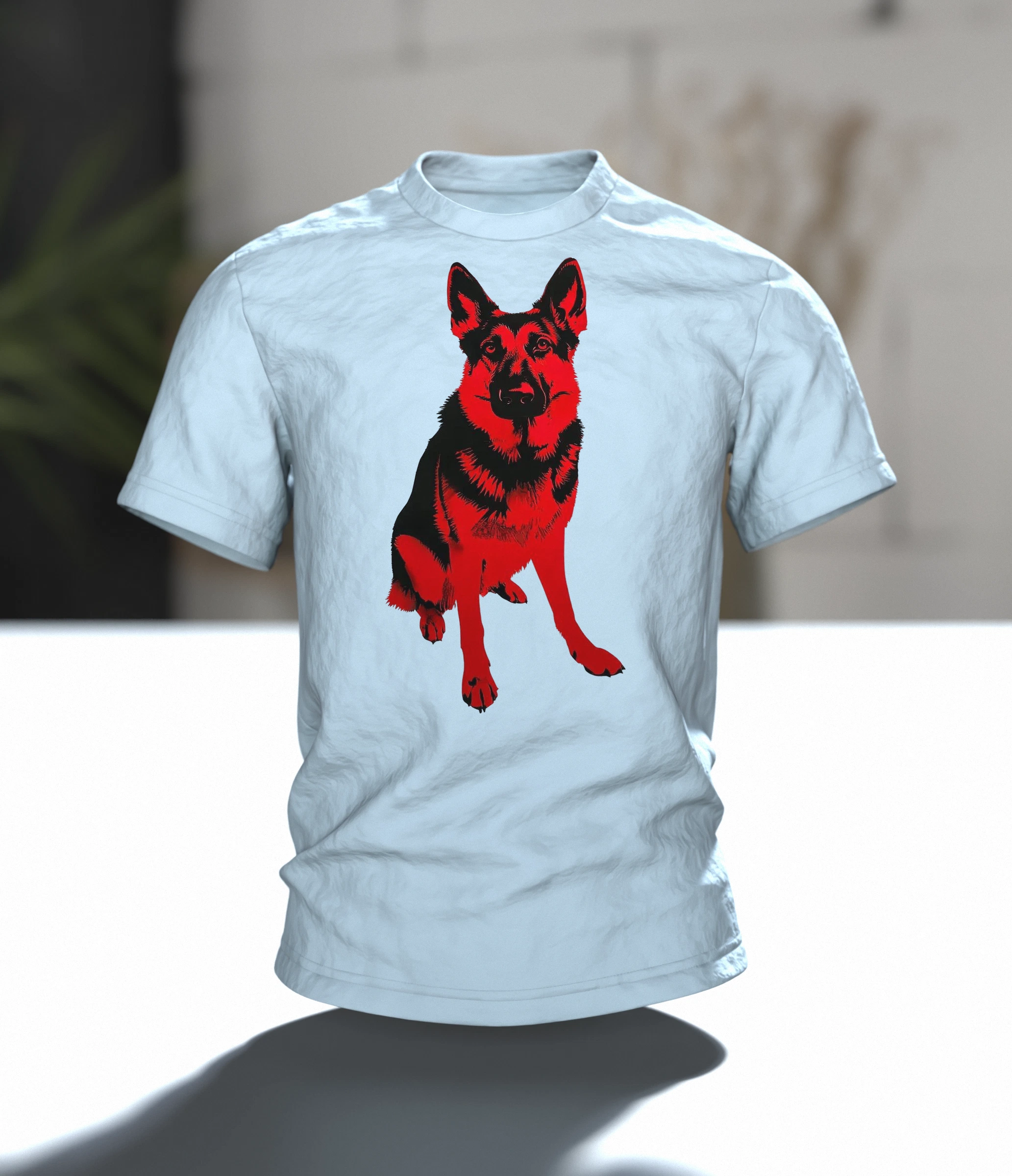 Schäferhund Stencil Art T-Shirt in Rot und Schwarz, sitzende Vollfigur vorn, Doppel-Profil am Rücken, Im Raum