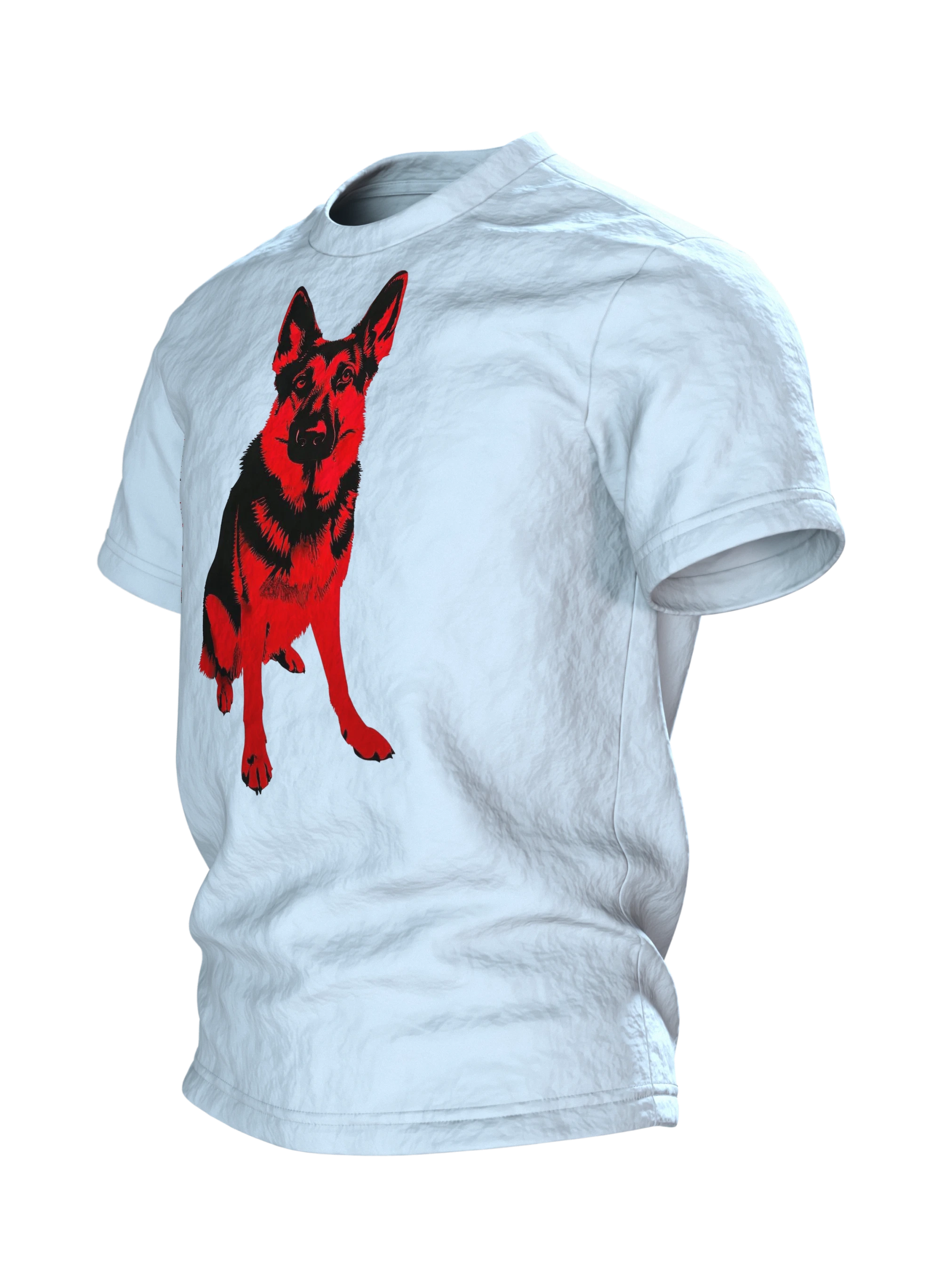 Schäferhund Stencil Art T-Shirt in Rot und Schwarz, sitzende Vollfigur vorn, Doppel-Profil am Rücken, Seitenansicht rechts