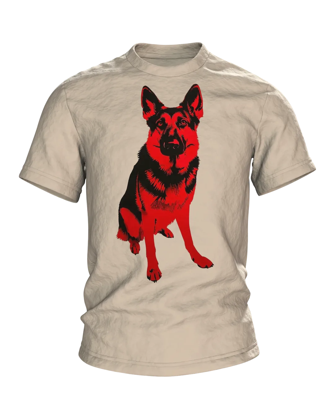 Schäferhund Stencil Art T-Shirt in Rot und Schwarz, sitzende Vollfigur vorn, Doppel-Profil am Rücken