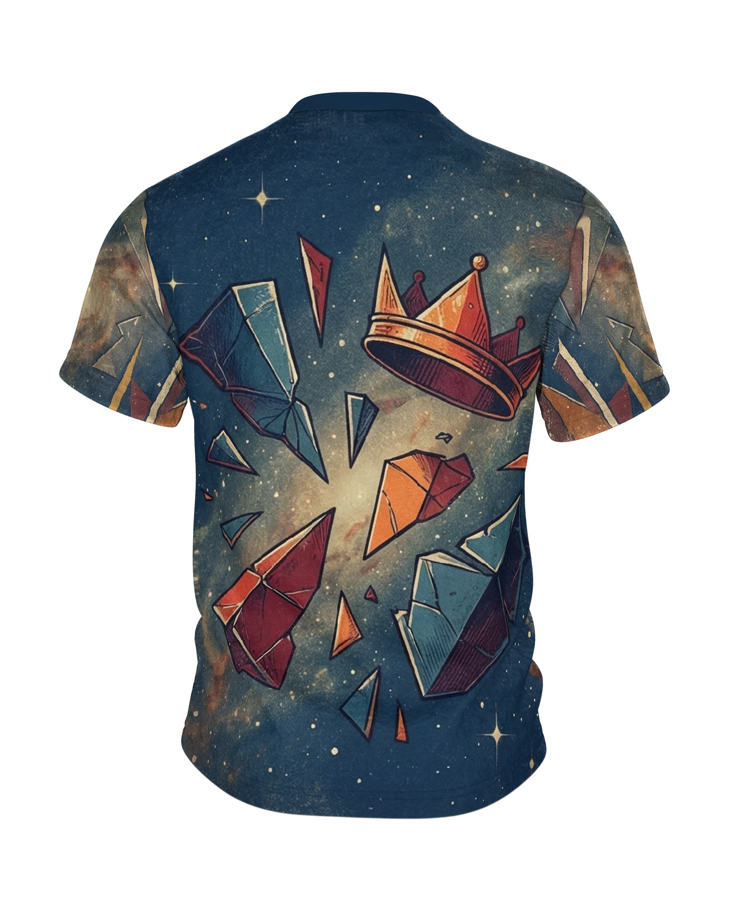 Kosmischer Kreuzritter T-Shirt: Helm und Krone im Sternennebel, Rückseite