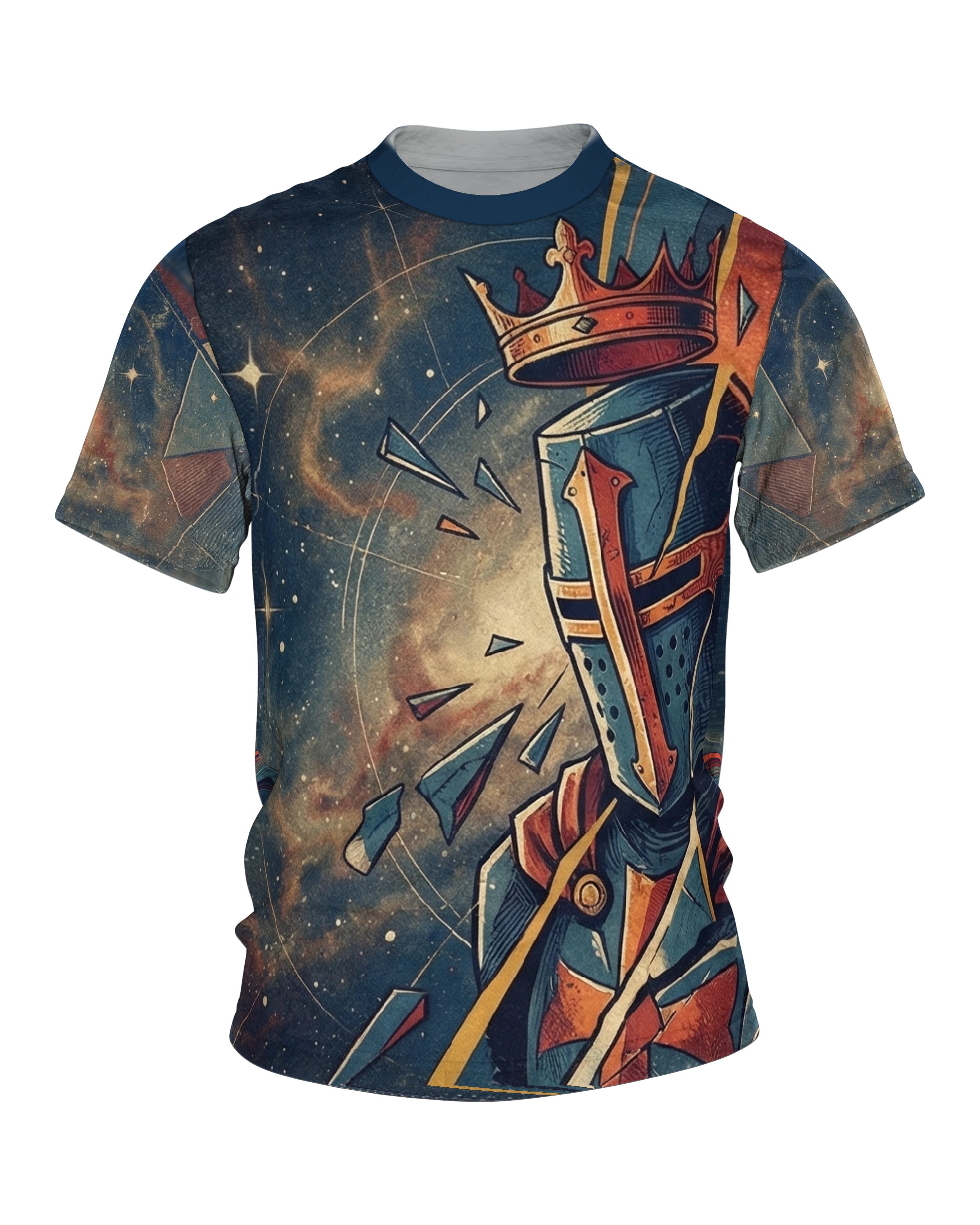 Kosmischer Kreuzritter T-Shirt: Helm und Krone im Sternennebel