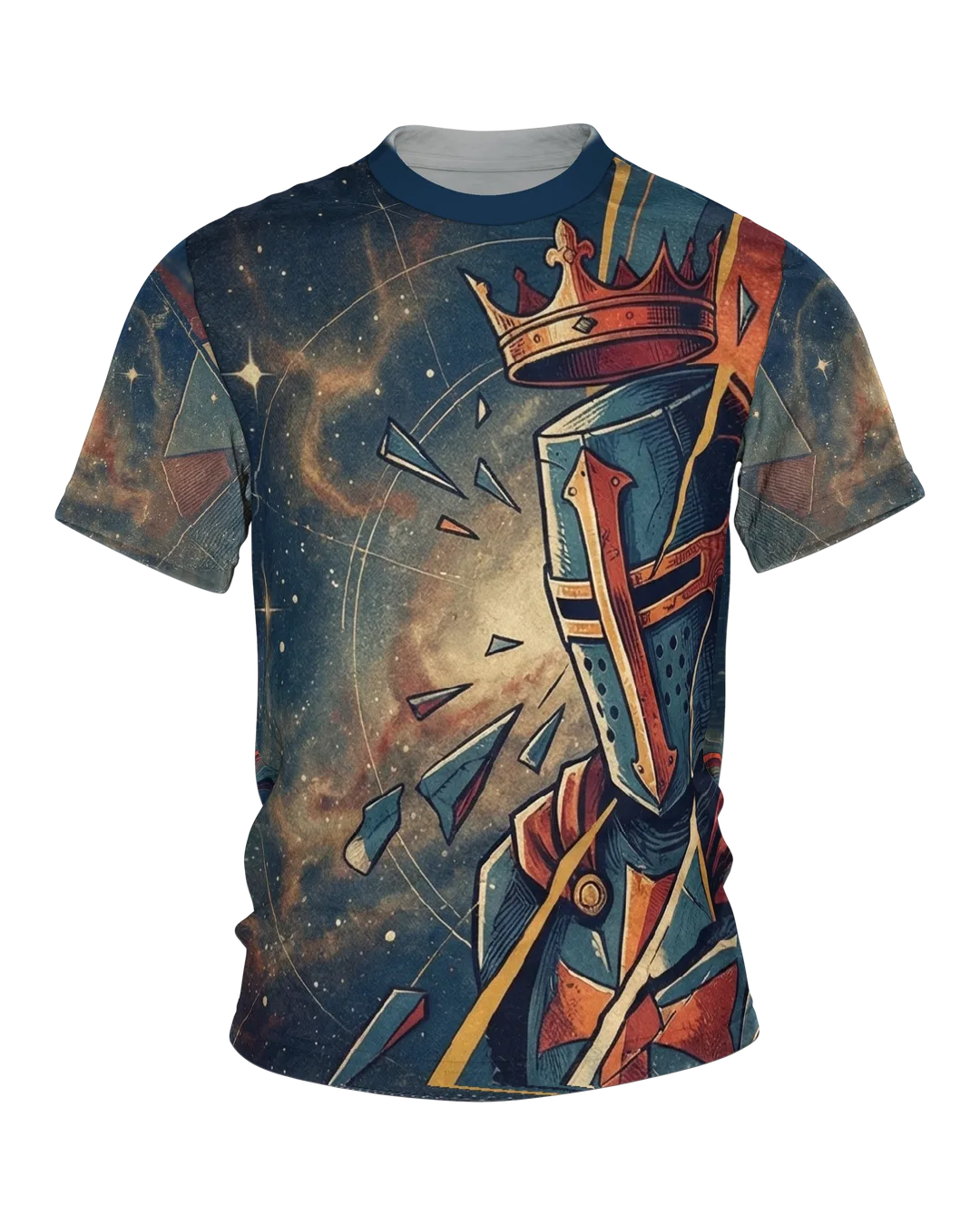 Kosmischer Kreuzritter T-Shirt: Helm und Krone im Sternennebel