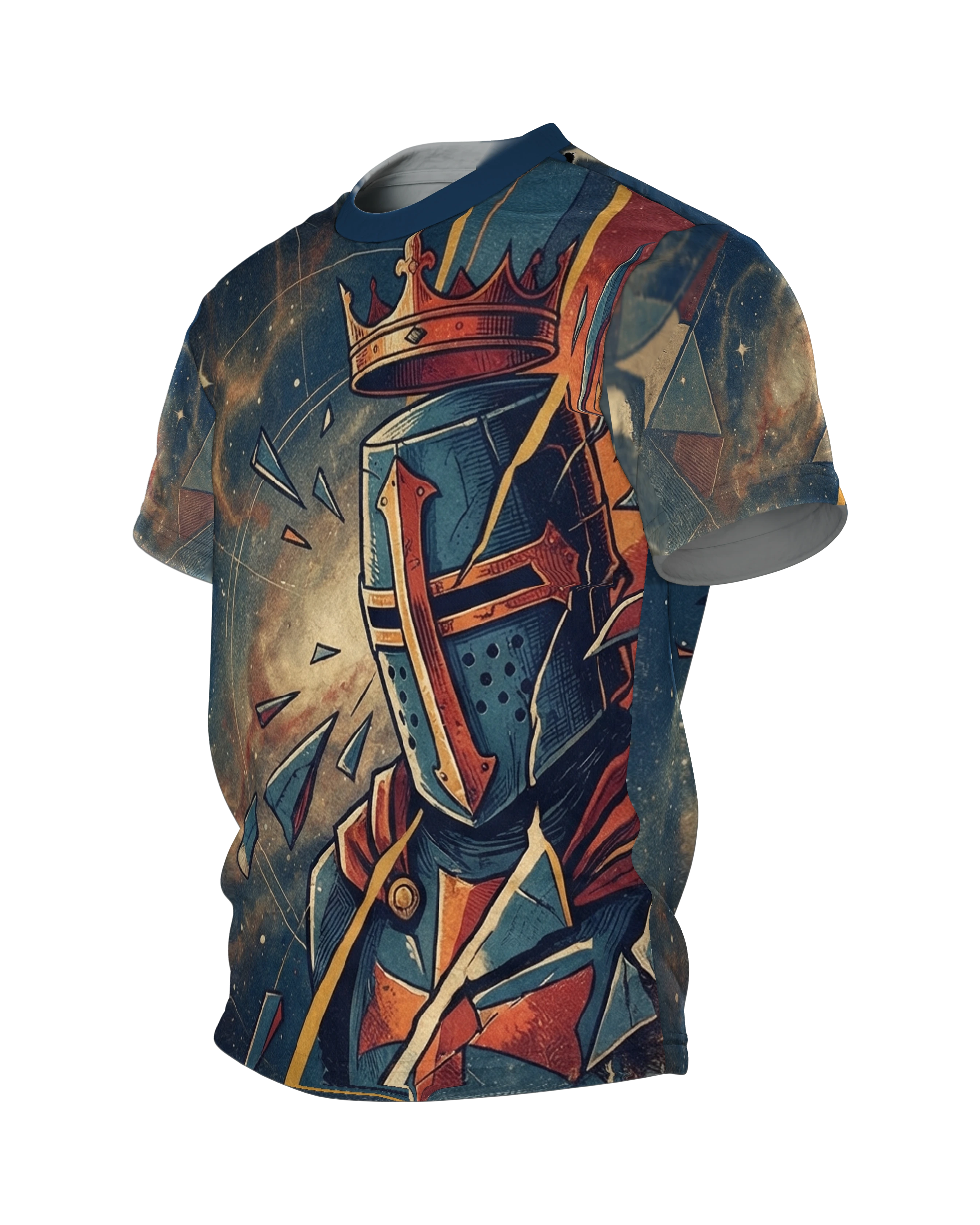 Kosmischer Kreuzritter T-Shirt: Helm und Krone im Sternennebel, Seitenansicht rechts