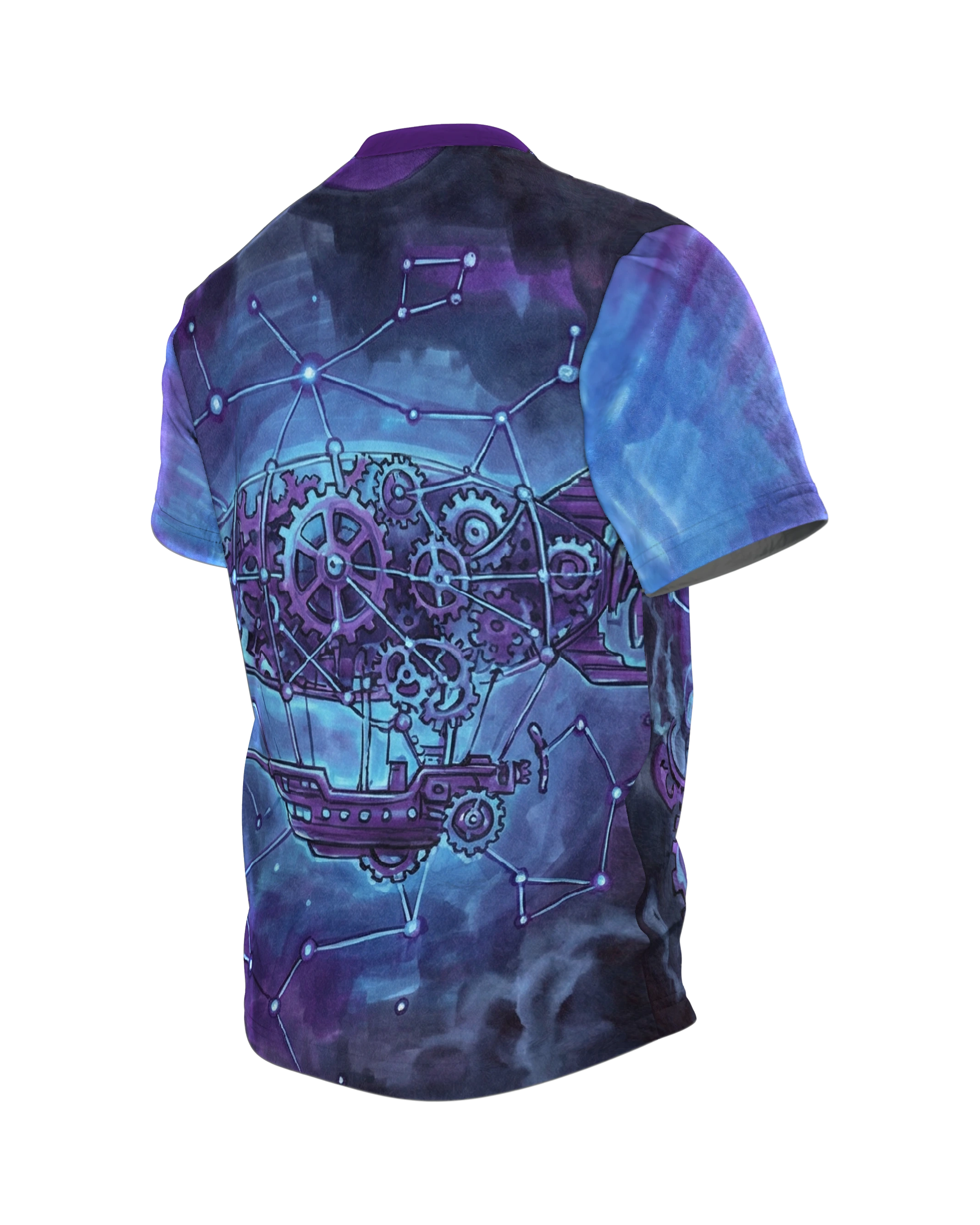 Steampunk Herz T-Shirt, Zahnrad-Herz mit Sternbildern und Luftschiff in Violett, Rückseite schräg links