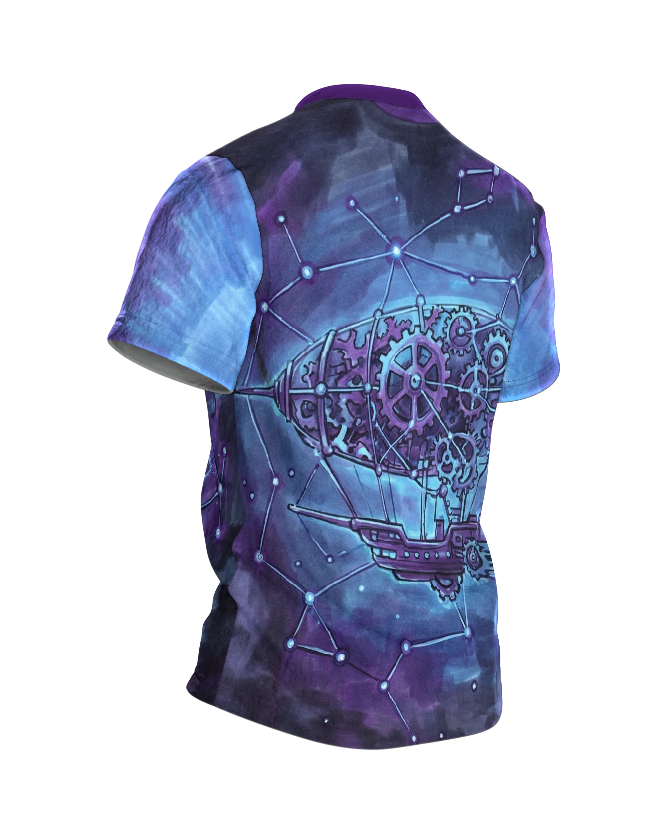 Steampunk Herz T-Shirt, Zahnrad-Herz mit Sternbildern und Luftschiff in Violett, Rückseite schräg rechts