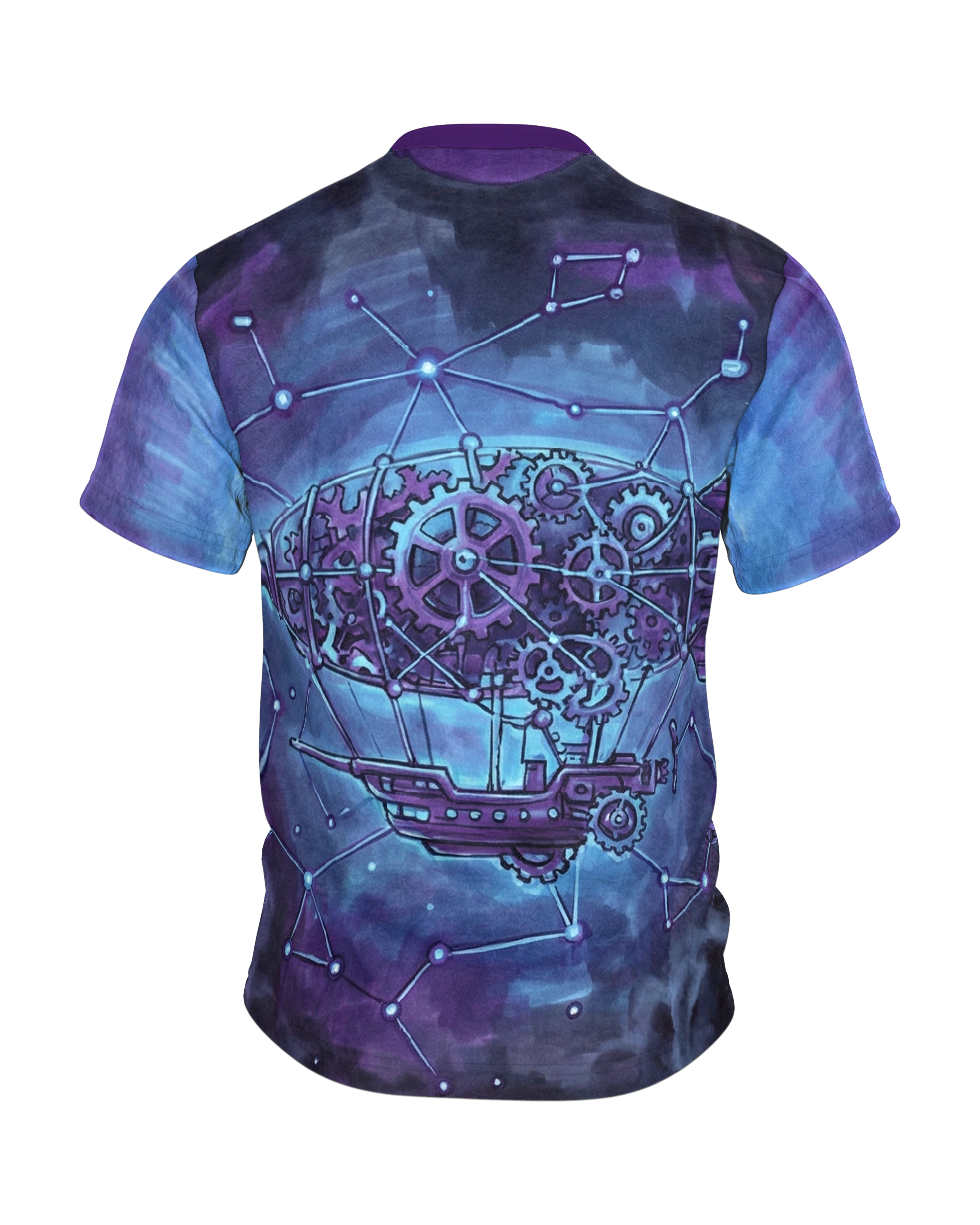 Steampunk Herz T-Shirt, Zahnrad-Herz mit Sternbildern und Luftschiff in Violett, Rückseite