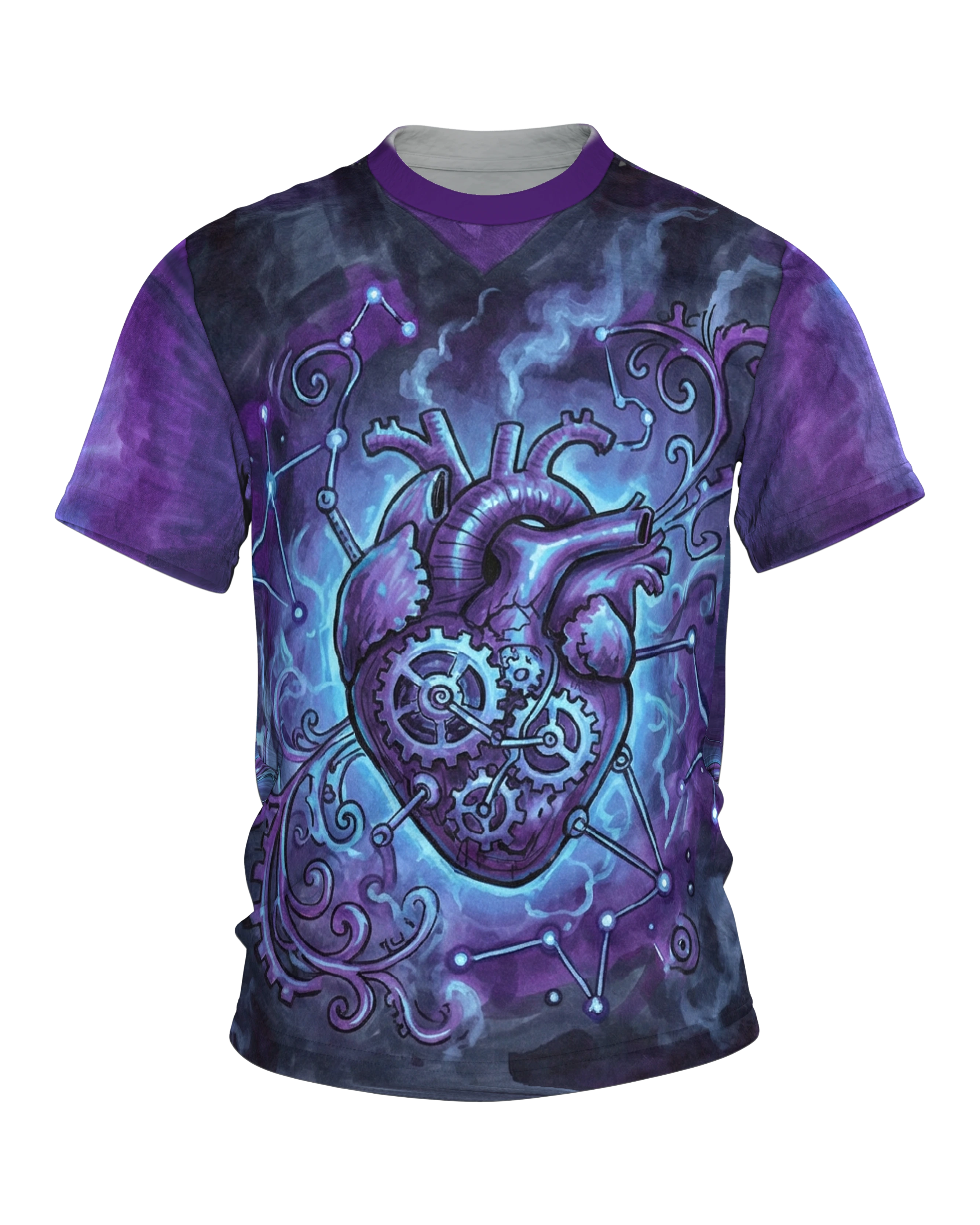 Steampunk Herz T-Shirt, Zahnrad-Herz mit Sternbildern und Luftschiff in Violett