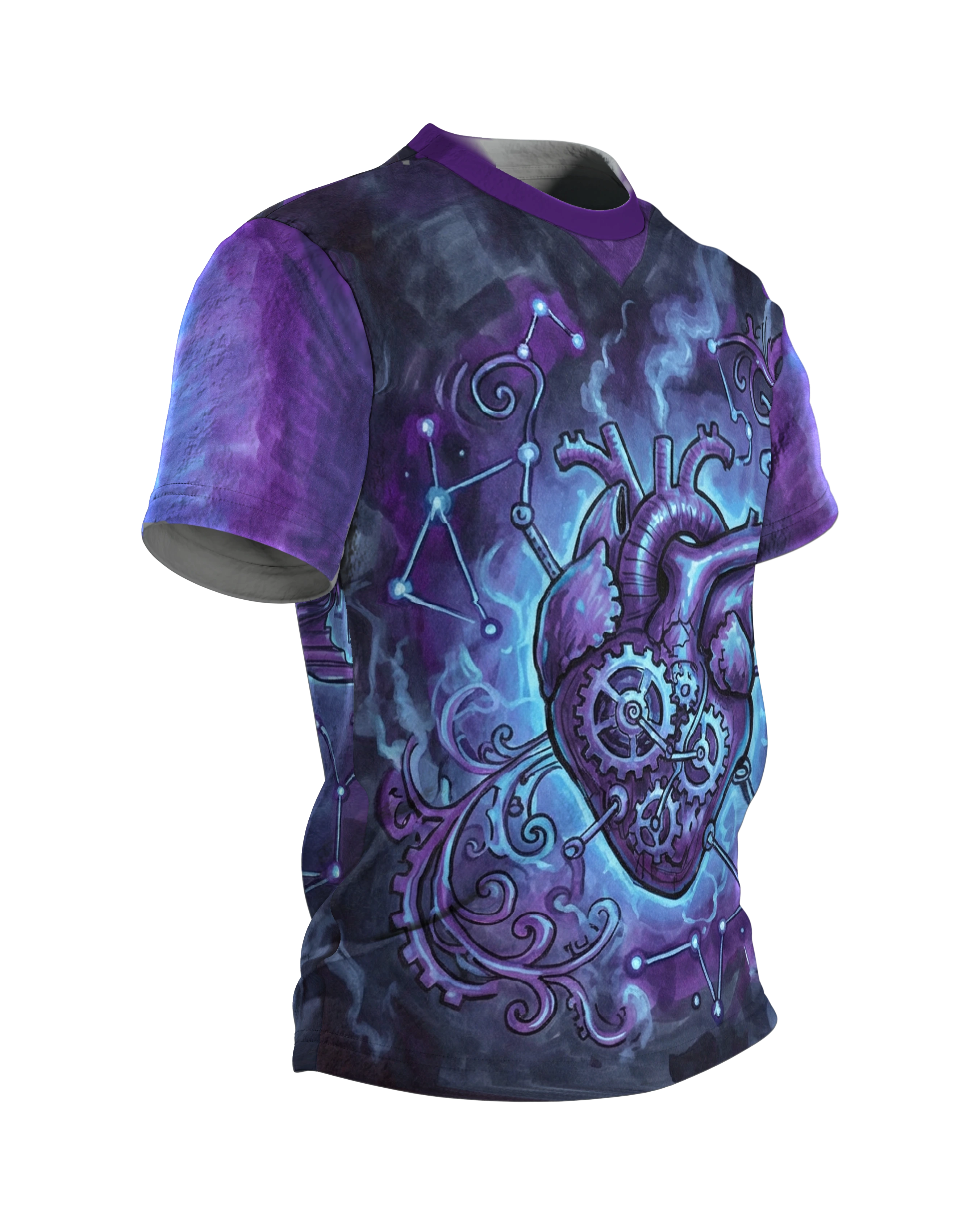 Steampunk Herz T-Shirt, Zahnrad-Herz mit Sternbildern und Luftschiff in Violett, Seitenansicht links