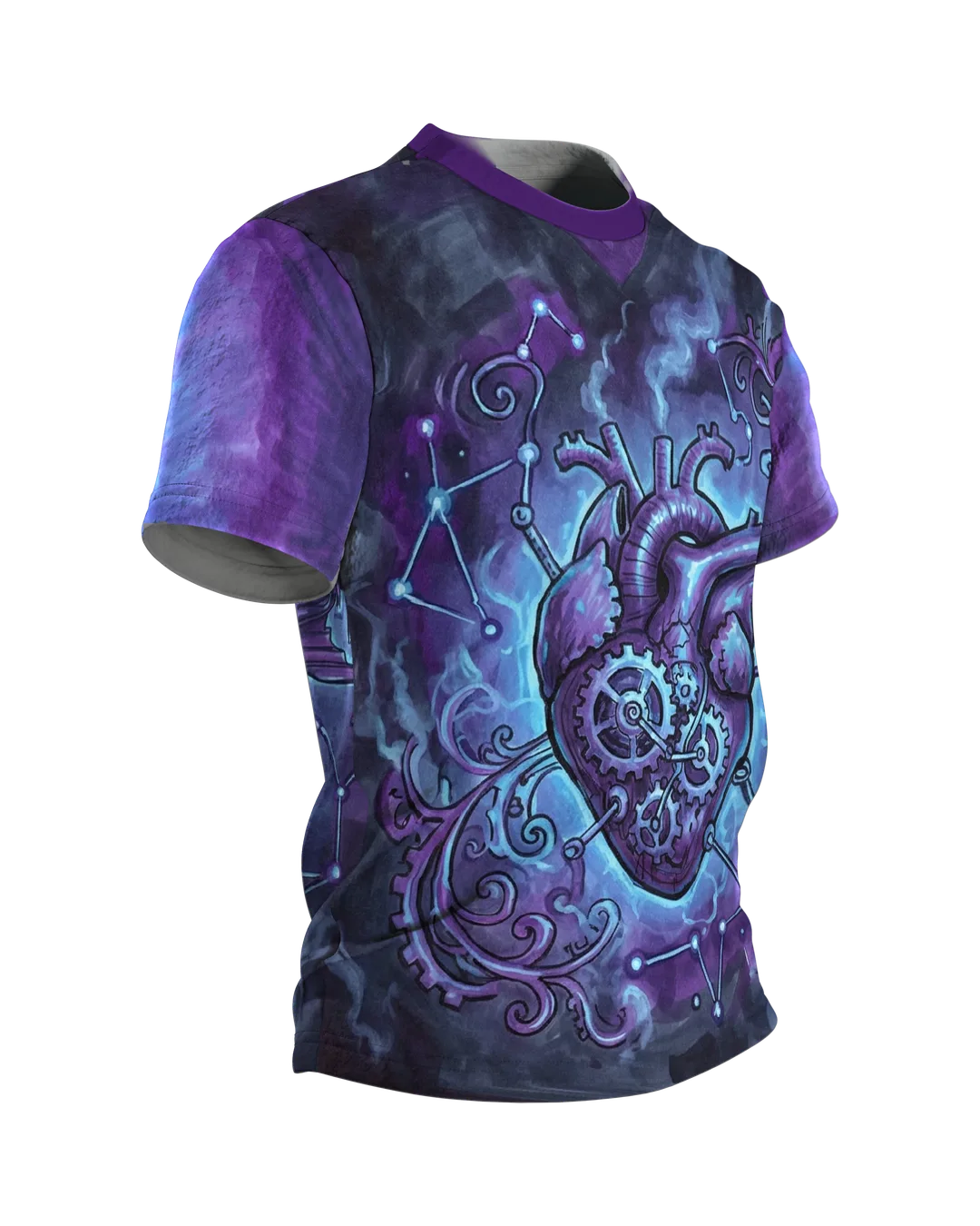 Steampunk Herz T-Shirt, Zahnrad-Herz mit Sternbildern und Luftschiff in Violett, Seitenansicht links
