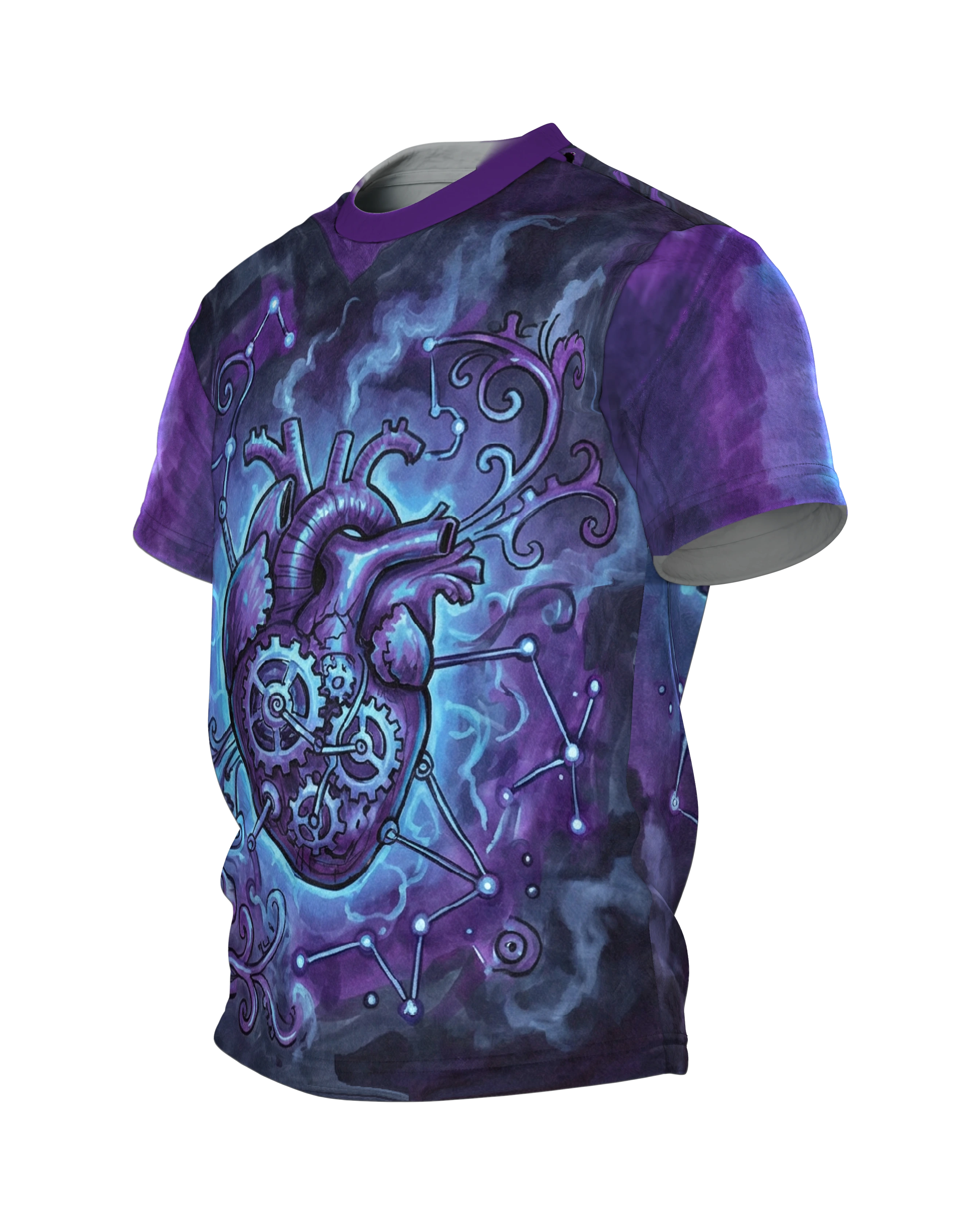 Steampunk Herz T-Shirt, Zahnrad-Herz mit Sternbildern und Luftschiff in Violett, Seitenansicht rechts