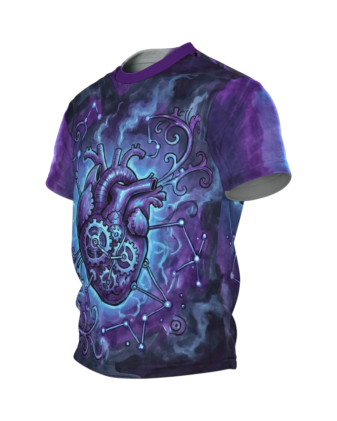 Steampunk Herz T-Shirt, Zahnrad-Herz mit Sternbildern und Luftschiff in Violett, Seitenansicht rechts